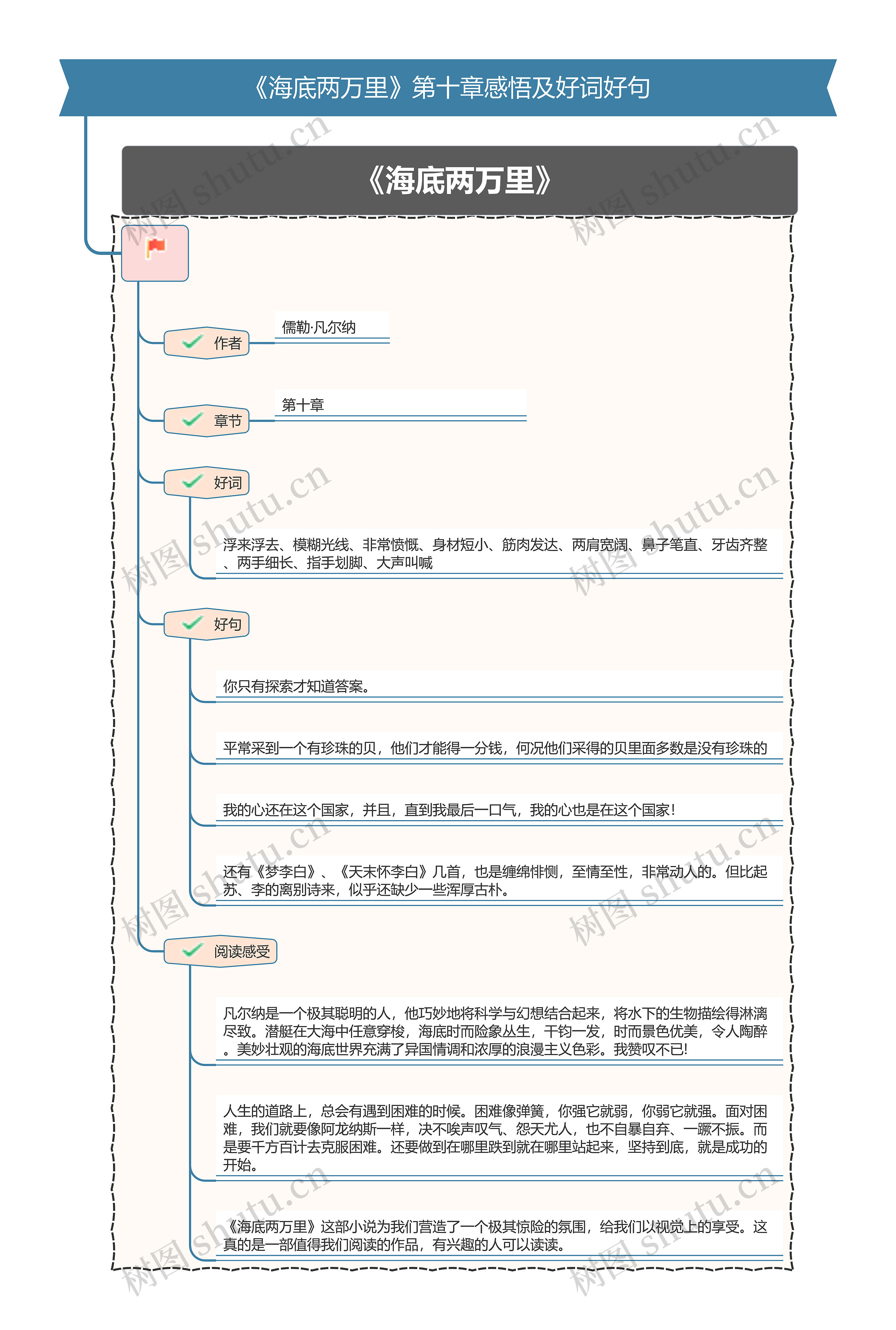 《海底两万里》第十章感悟及好词好句思维导图