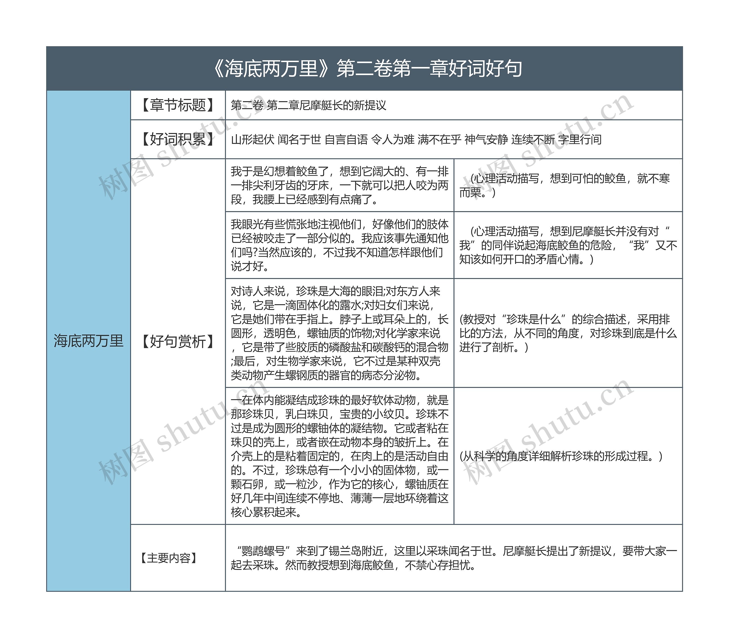 《海底两万里》第二卷第一章好词好句的思维导图