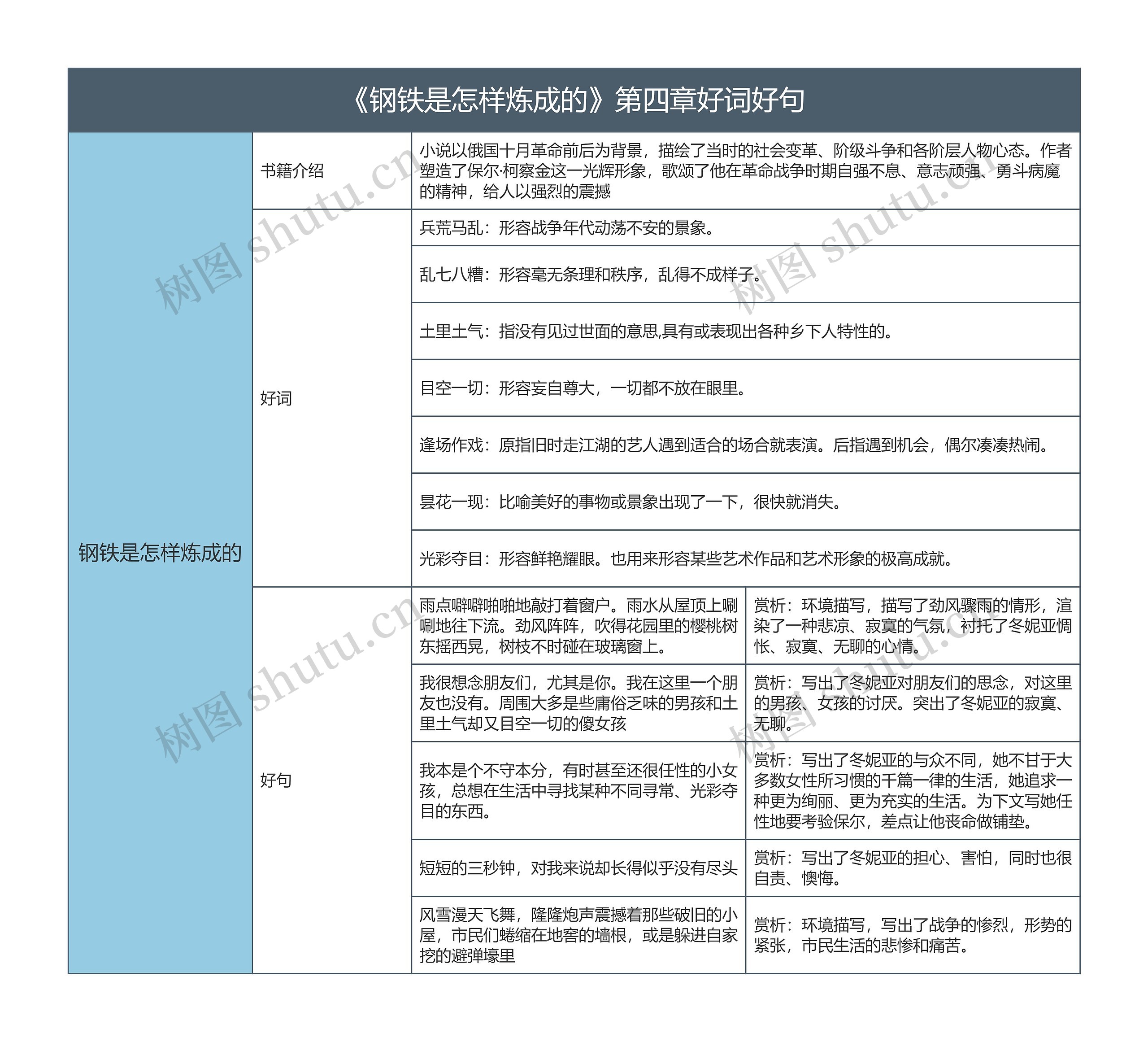 《钢铁是怎样炼成的》第四章好词好句的思维导图