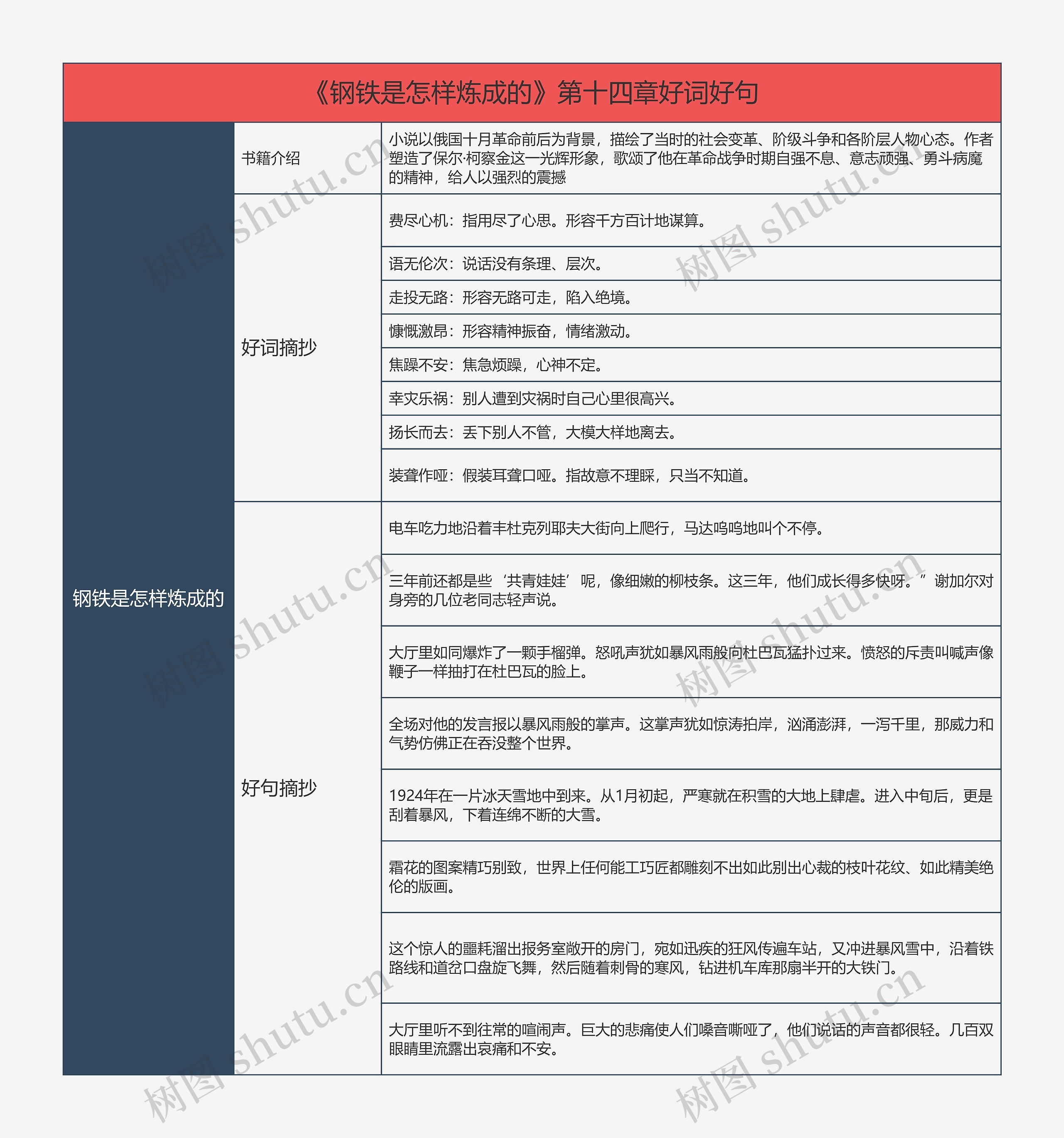 《钢铁是怎样炼成的》第十四章好词好句的思维导图