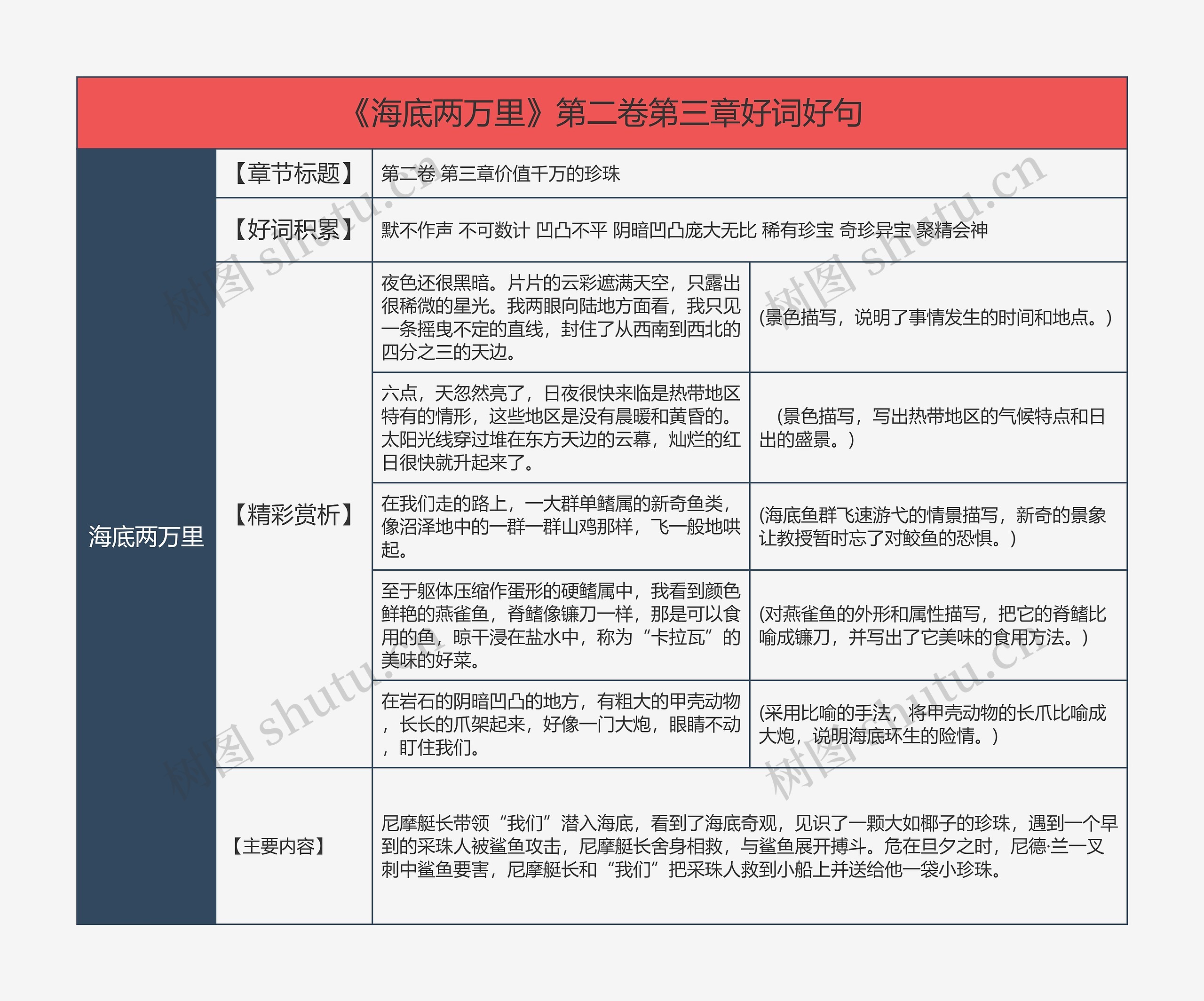 《海底两万里》第二卷第三章好词好句的思维导图