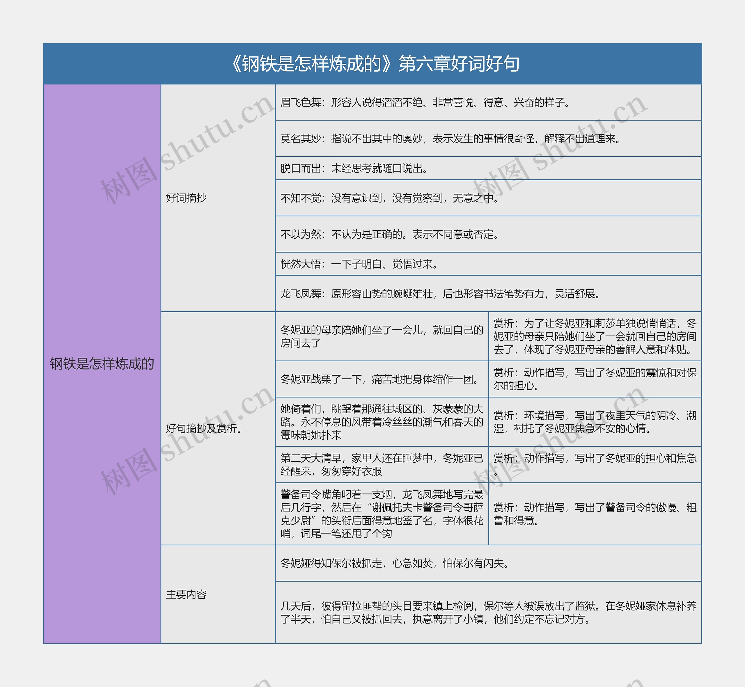 《钢铁是怎样炼成的》第六章好词好句的思维导图