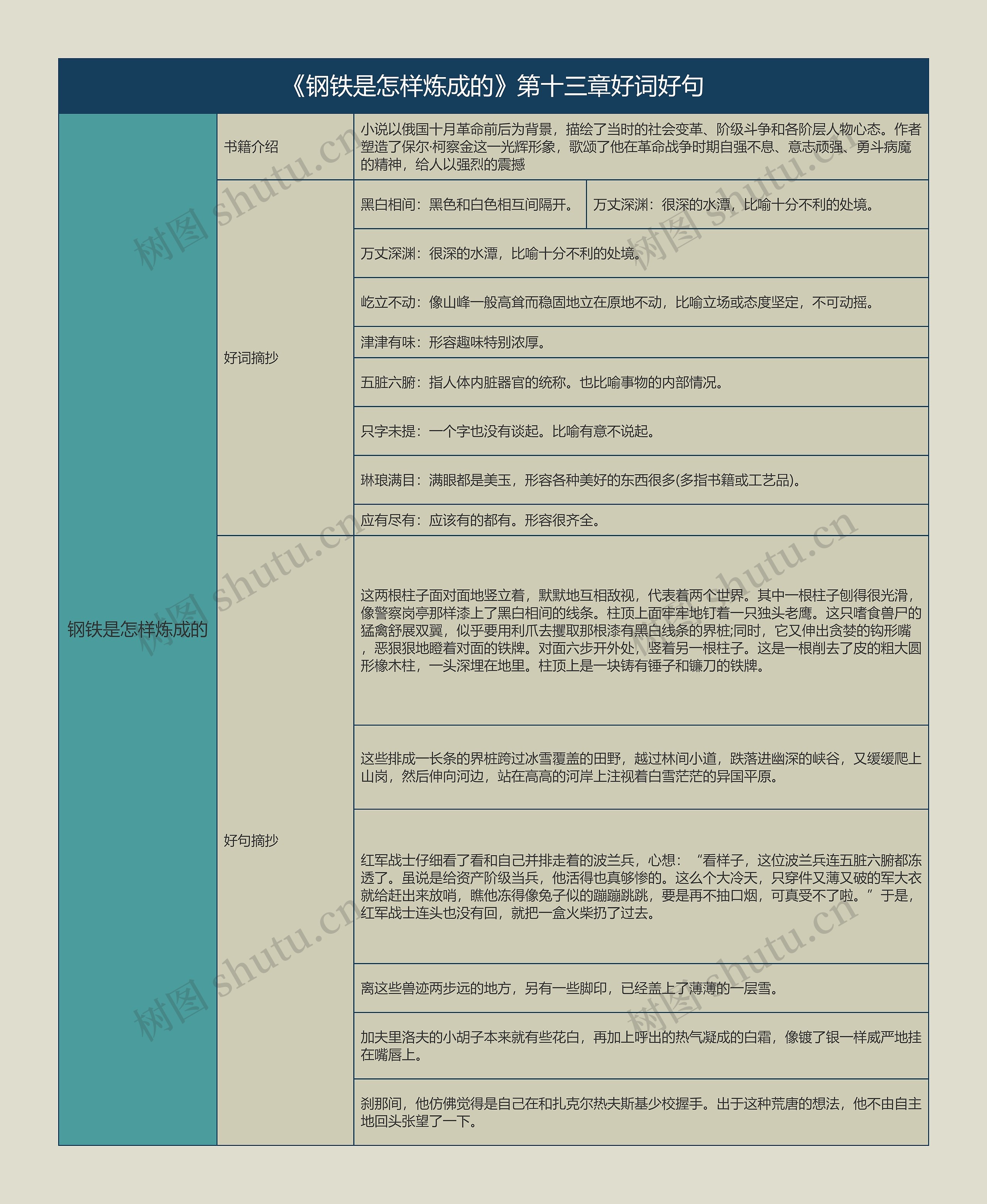 《钢铁是怎样炼成的》第十三章好词好句的思维导图