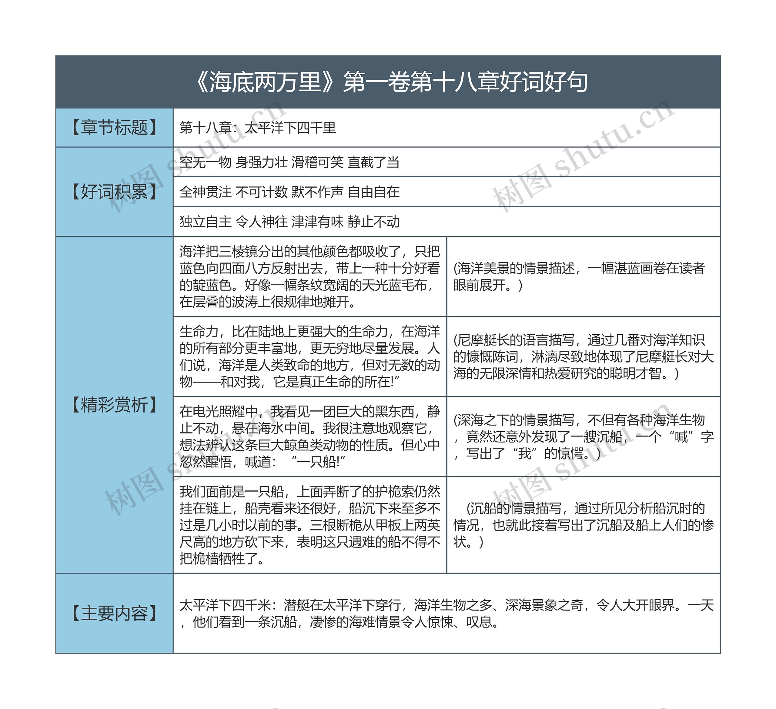 《海底两万里》第一卷第十八章好词好句的思维导图