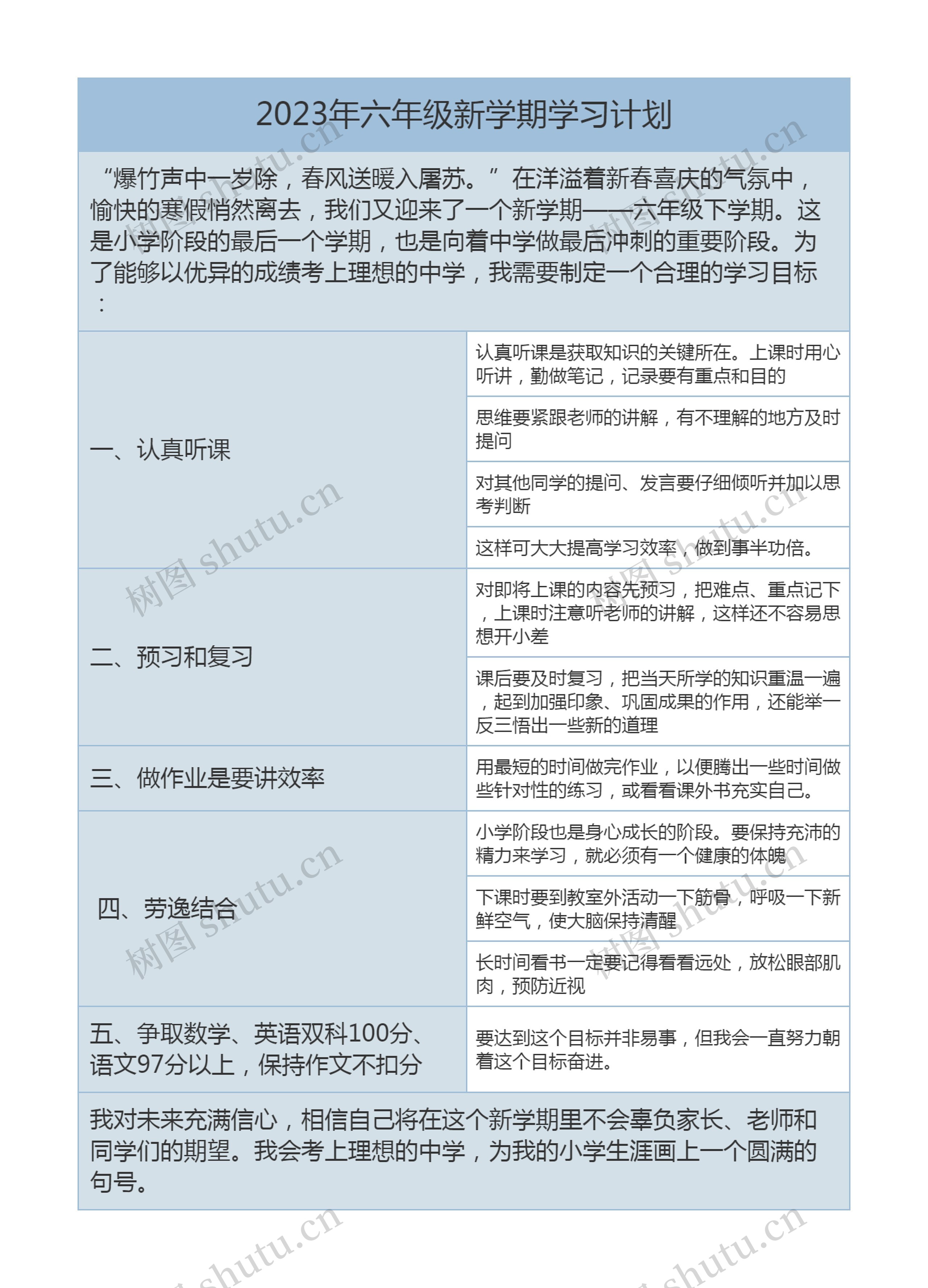 2023年六年级新学期学习计划