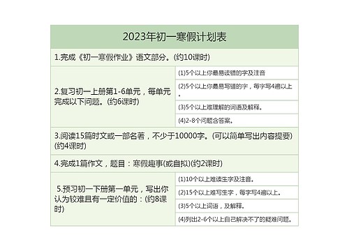 2023年初一寒假计划表