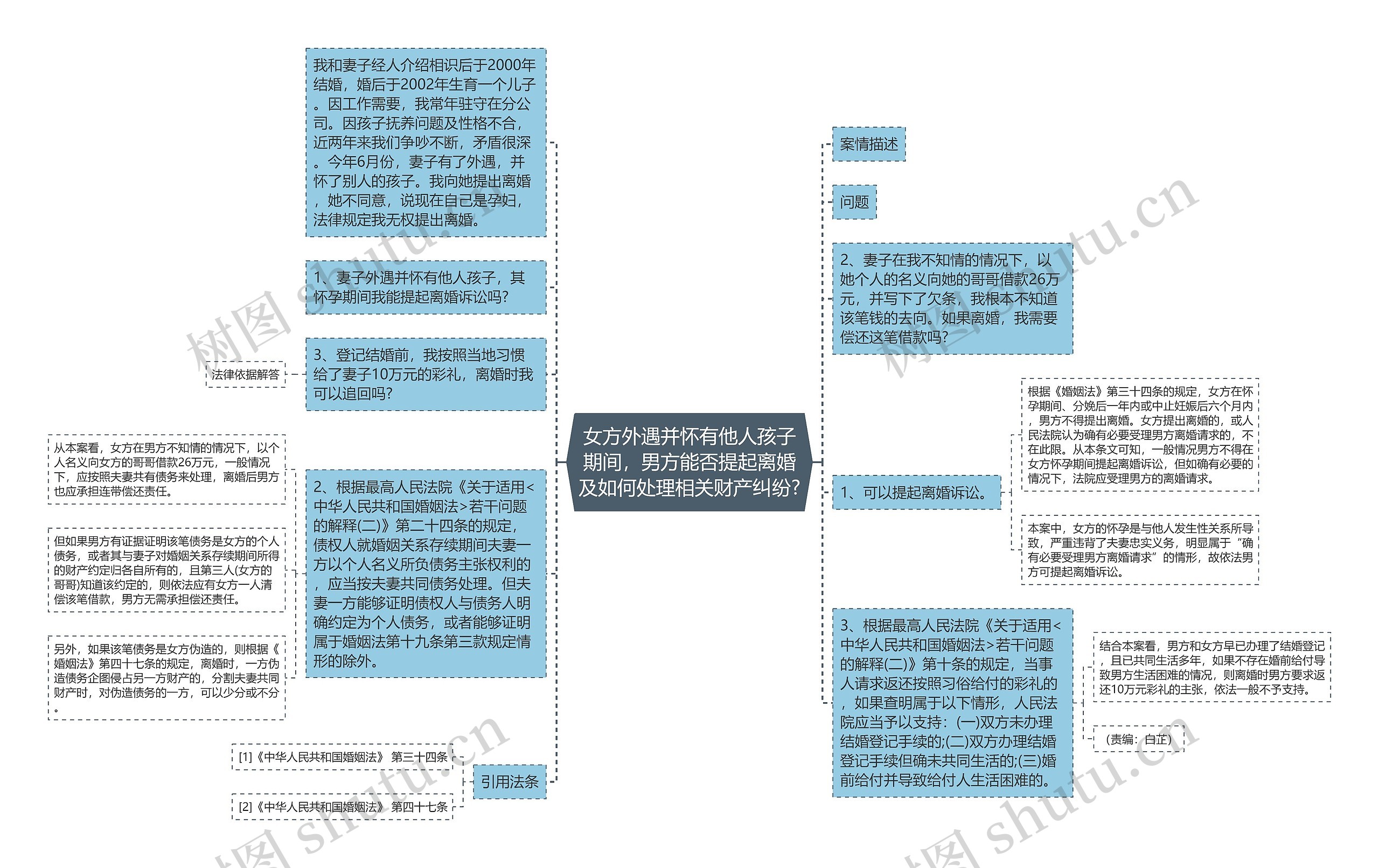 女方外遇并怀有他人孩子期间，男方能否提起离婚及如何处理相关财产纠纷?思维导图