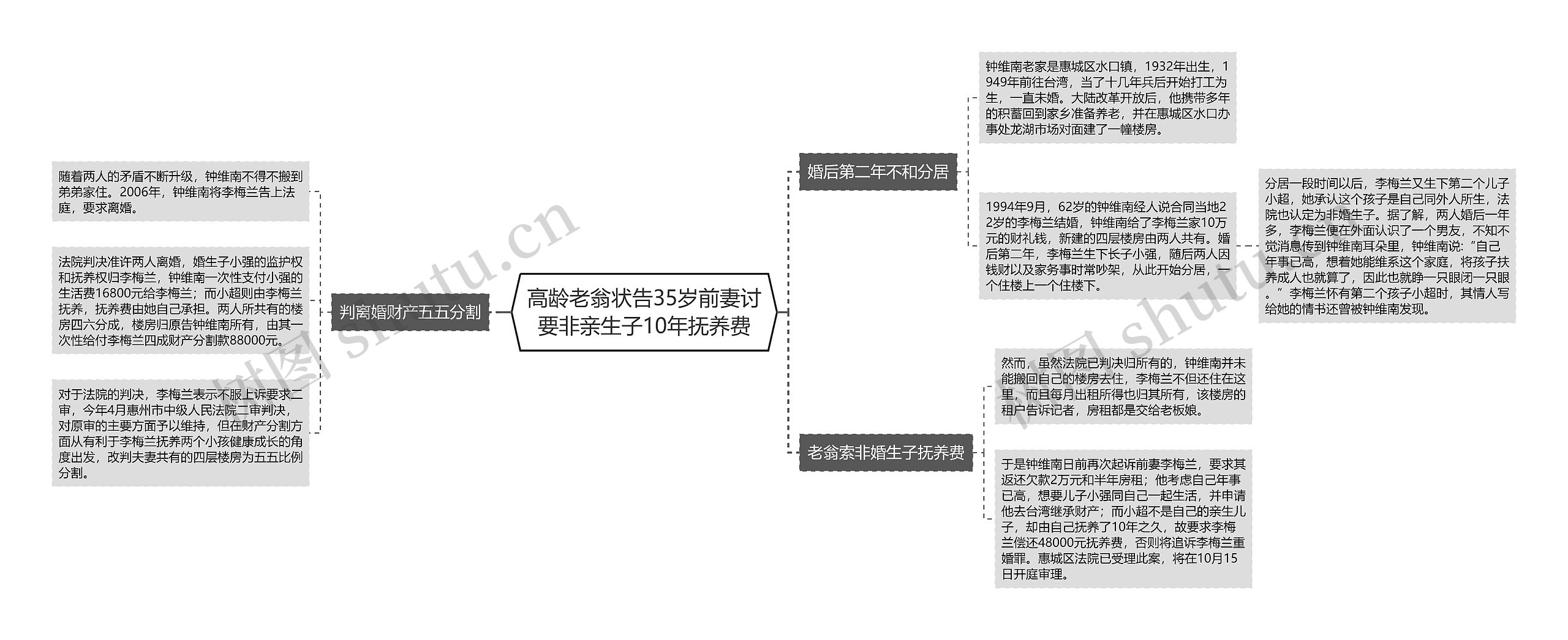 高龄老翁状告35岁前妻讨要非亲生子10年抚养费思维导图