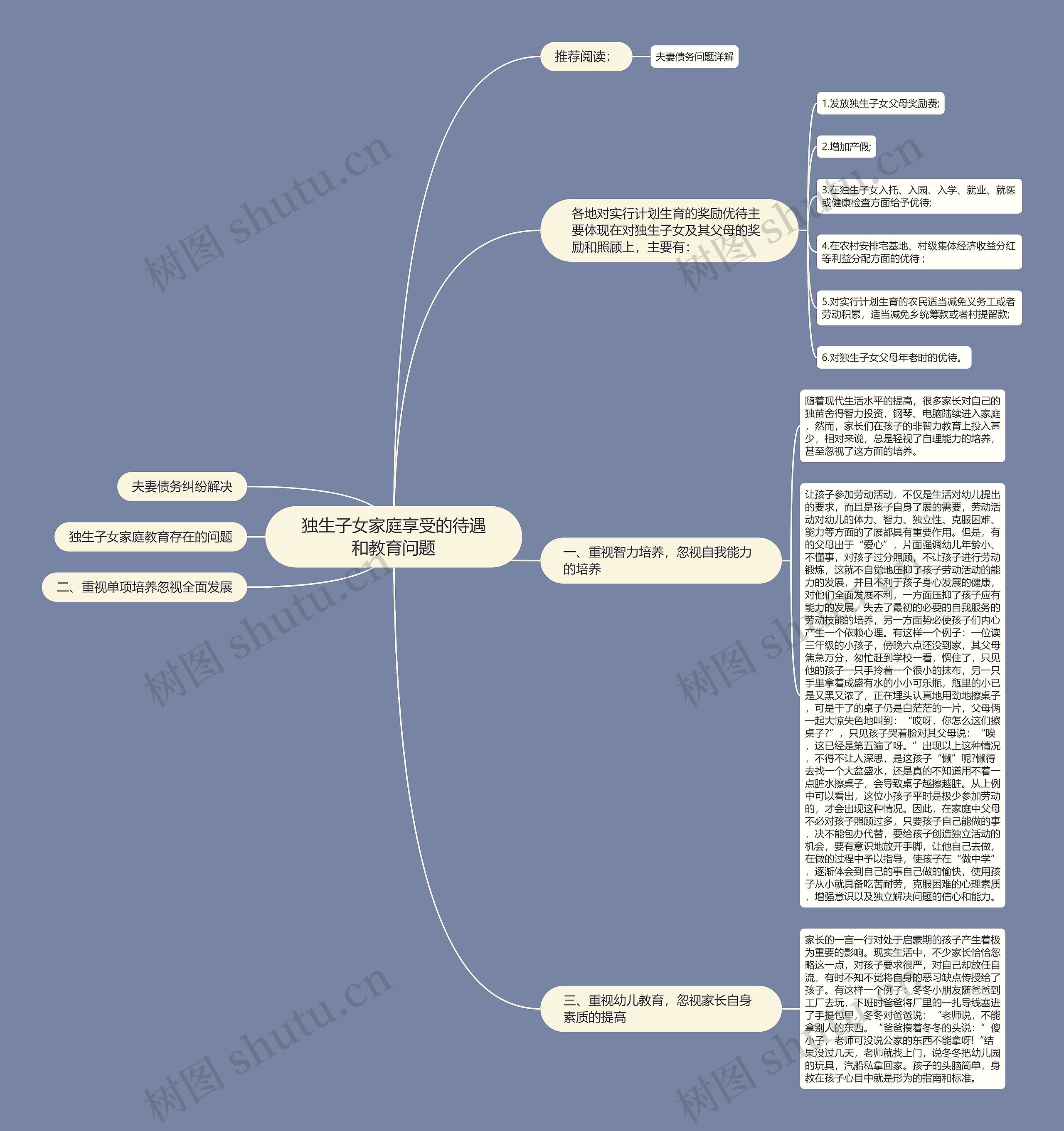 独生子女家庭享受的待遇和教育问题思维导图