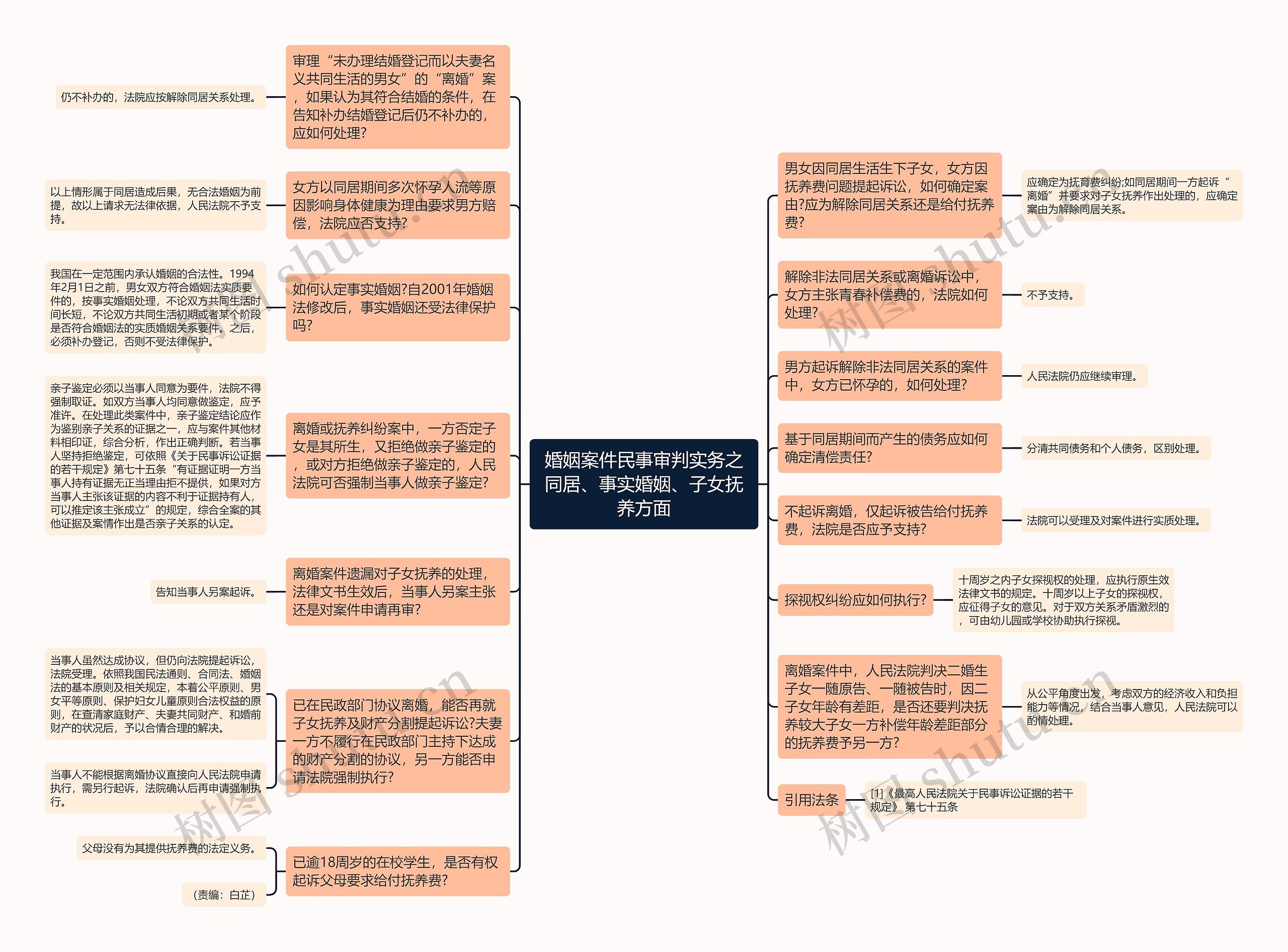 婚姻案件民事审判实务之同居、事实婚姻、子女抚养方面思维导图