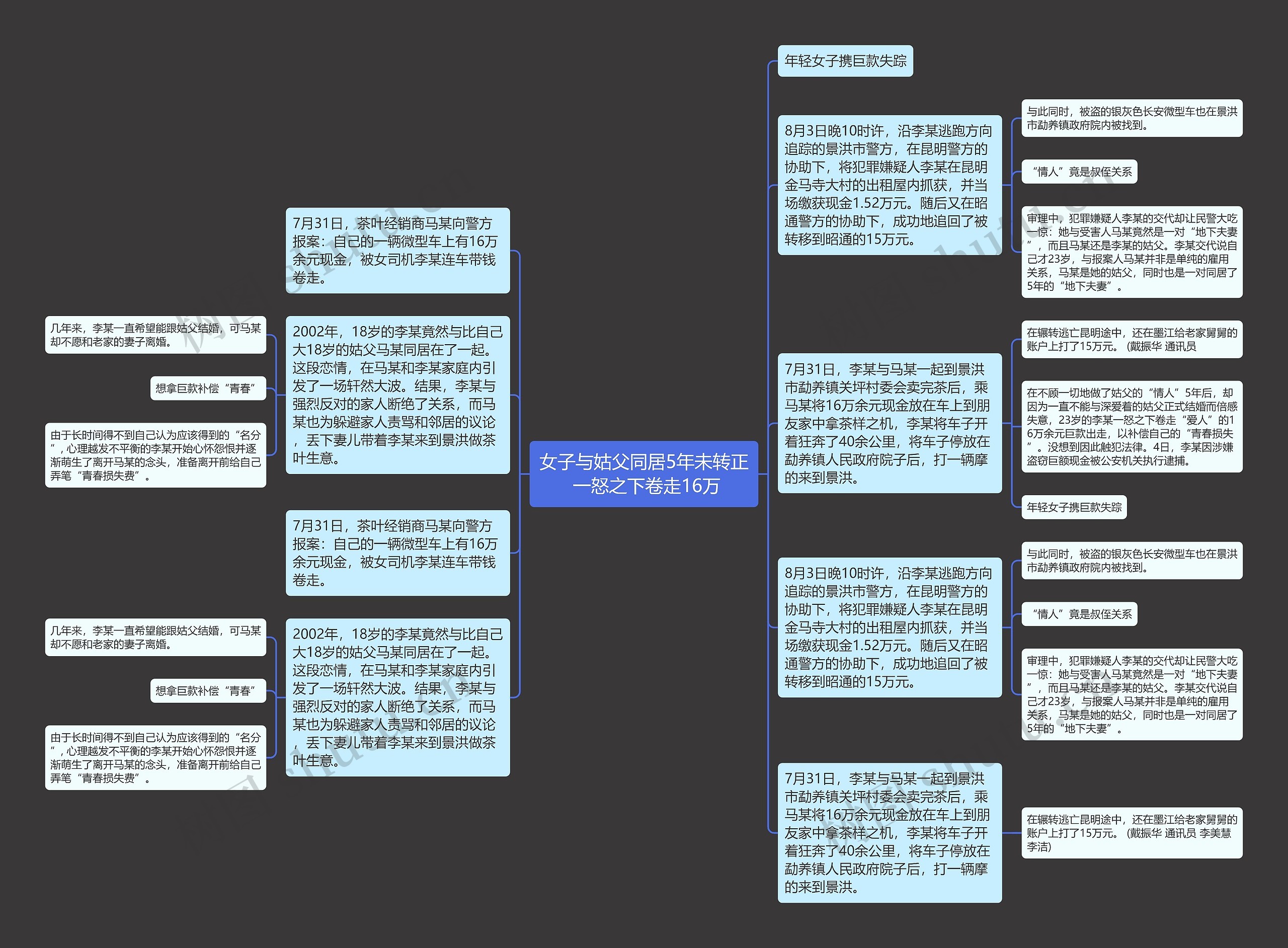 女子与姑父同居5年未转正 一怒之下卷走16万思维导图