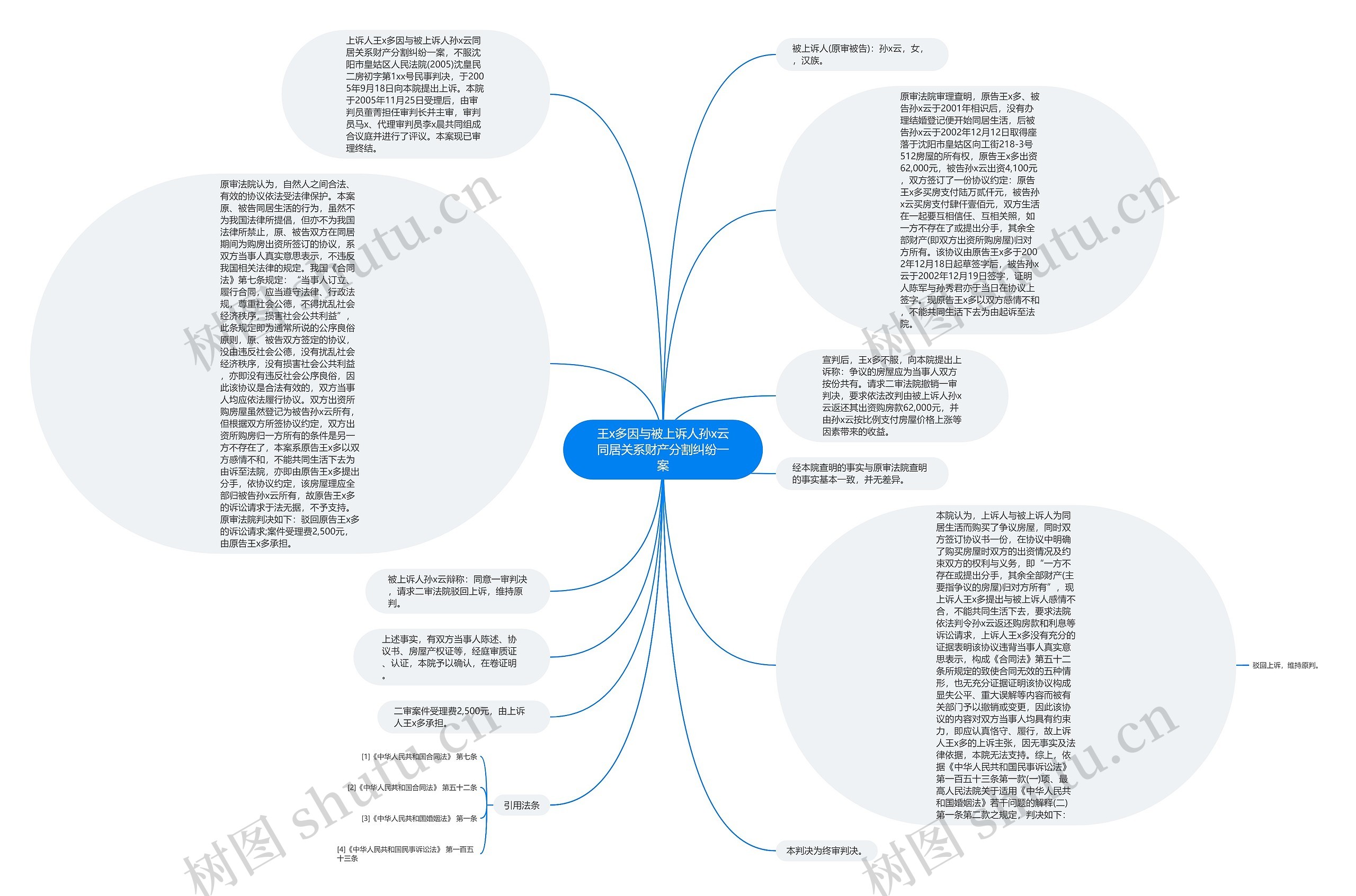 王x多因与被上诉人孙x云同居关系财产分割纠纷一案思维导图
