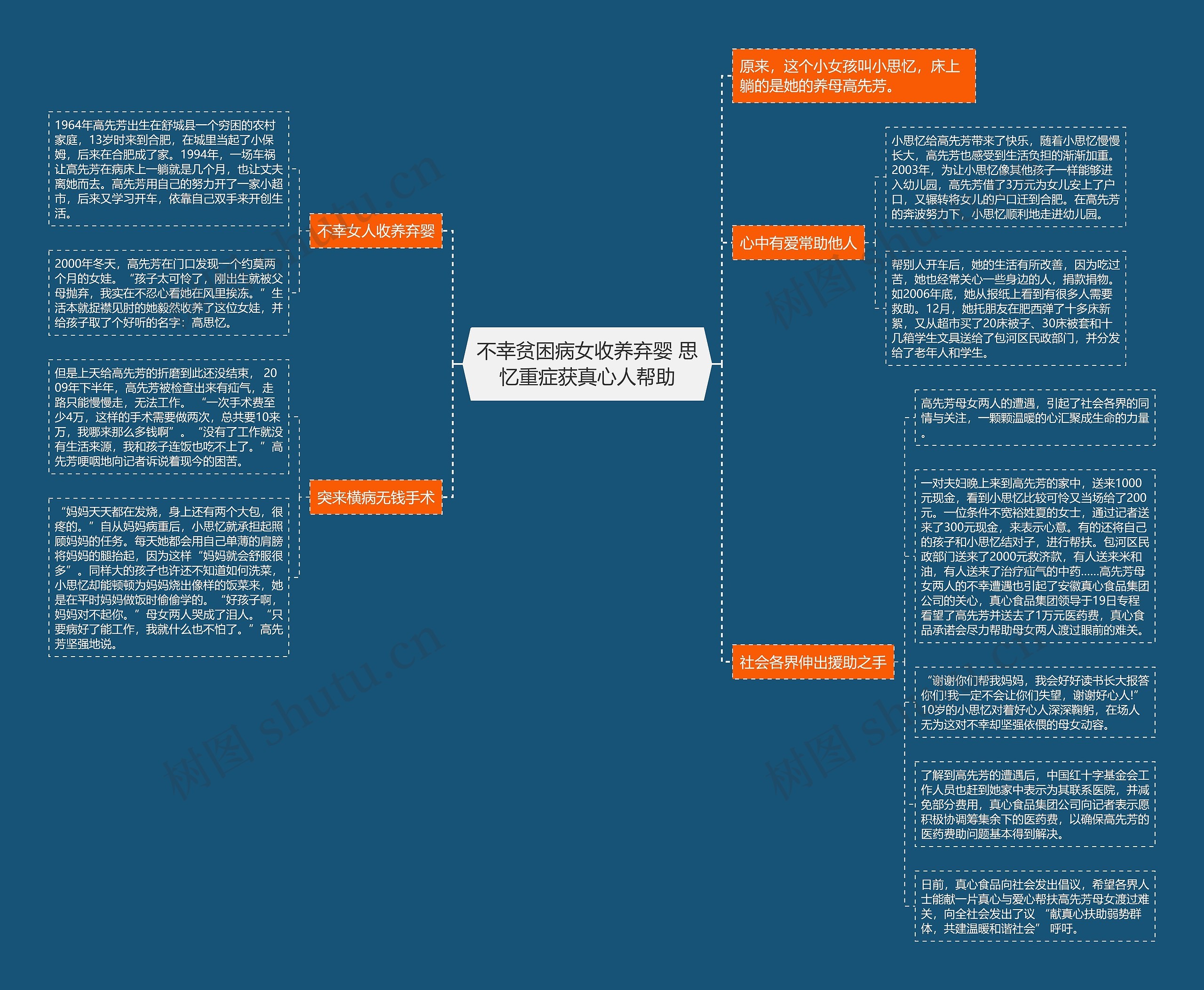 不幸贫困病女收养弃婴 思忆重症获真心人帮助思维导图