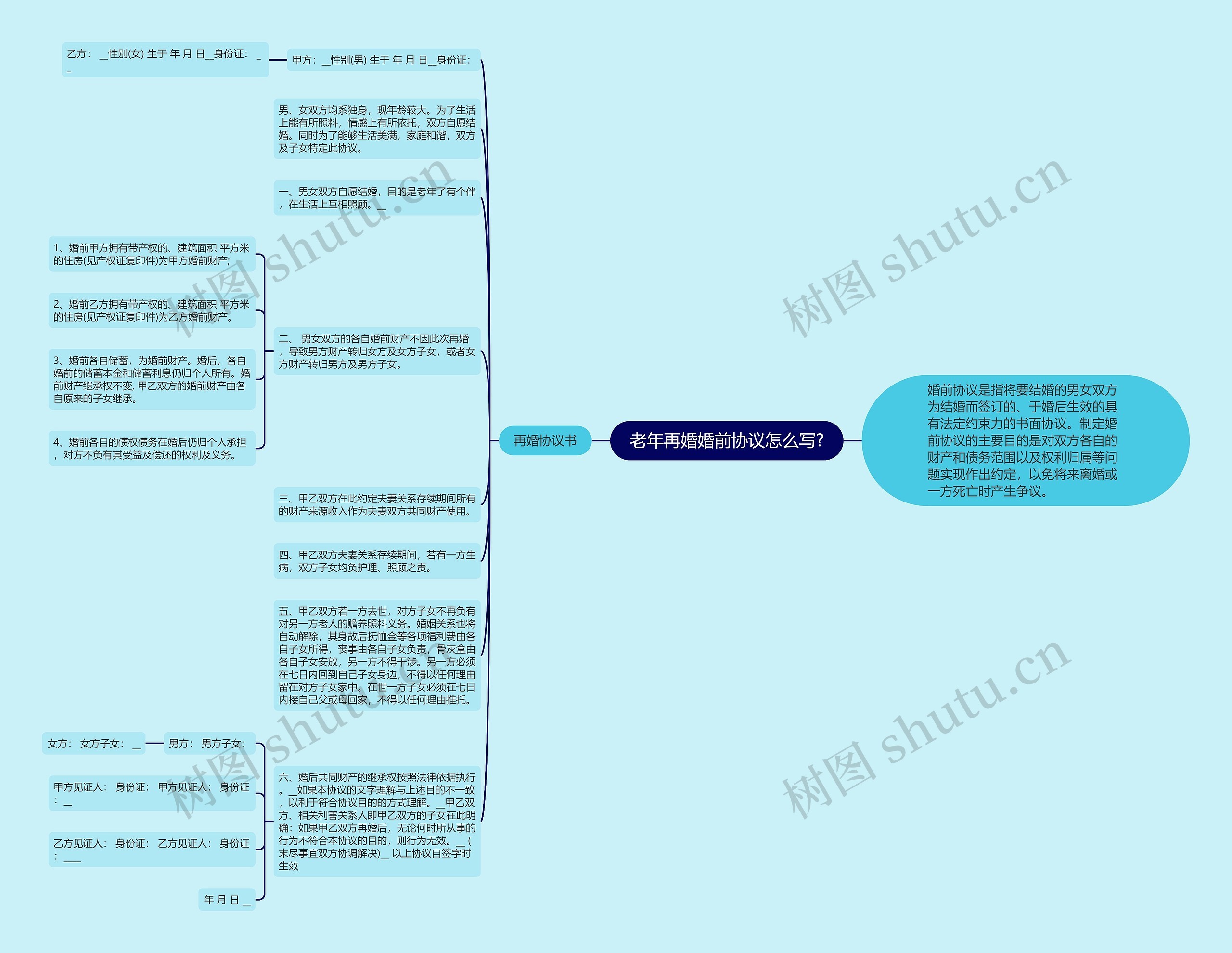 老年再婚婚前协议怎么写?思维导图