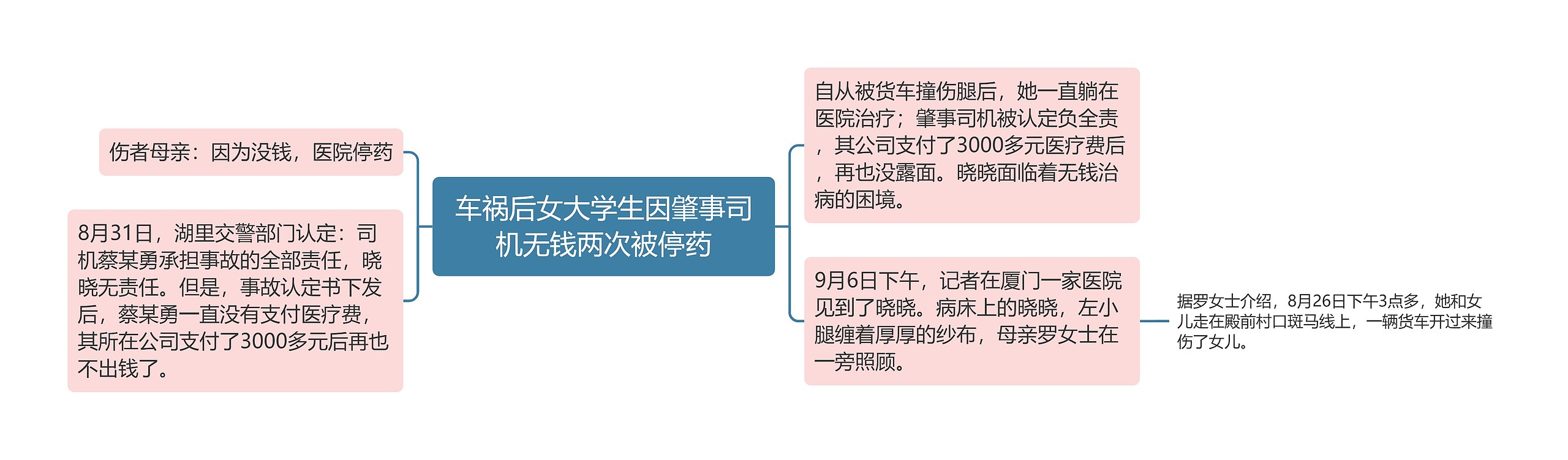 车祸后女大学生因肇事司机无钱两次被停药思维导图