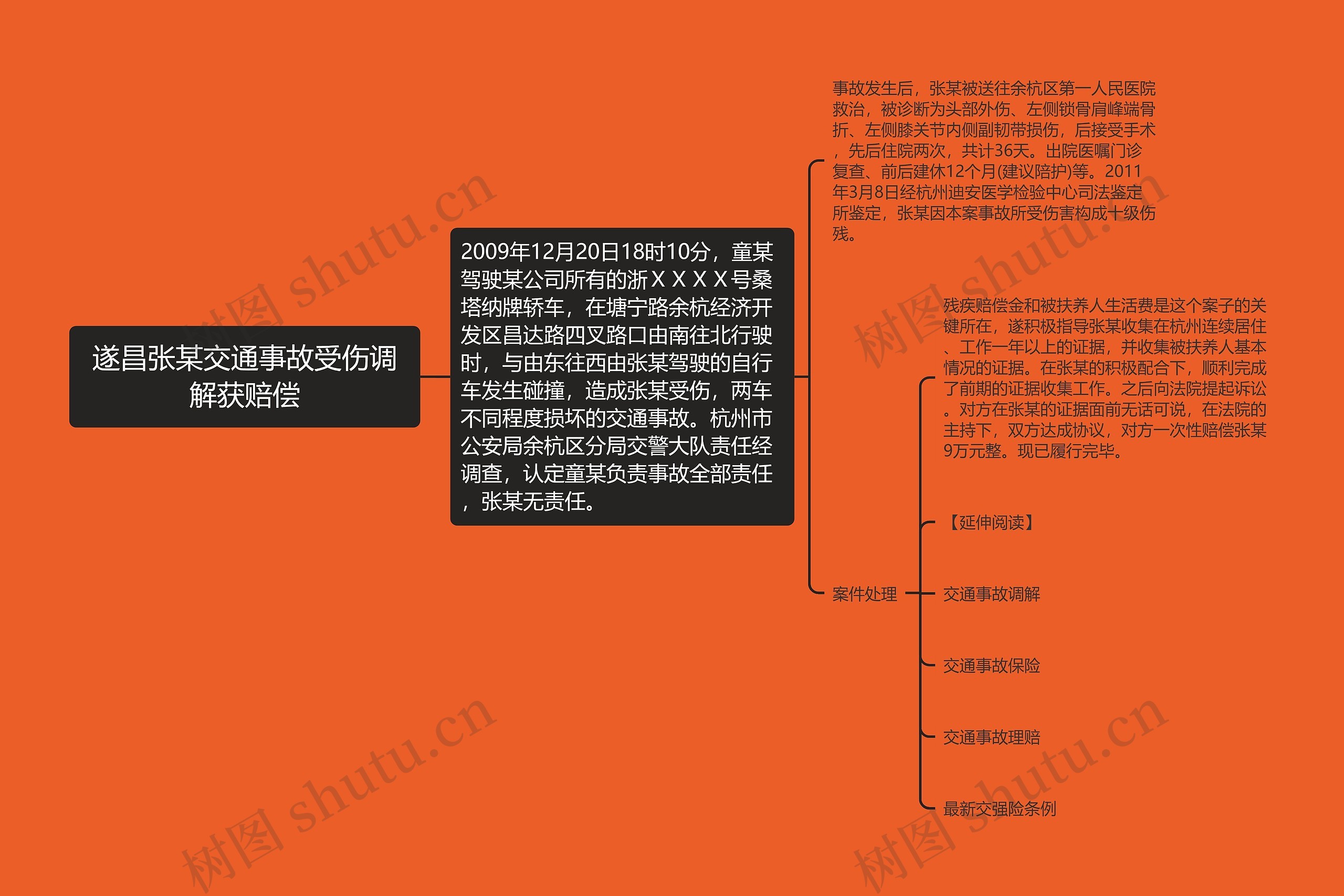 遂昌张某交通事故受伤调解获赔偿思维导图