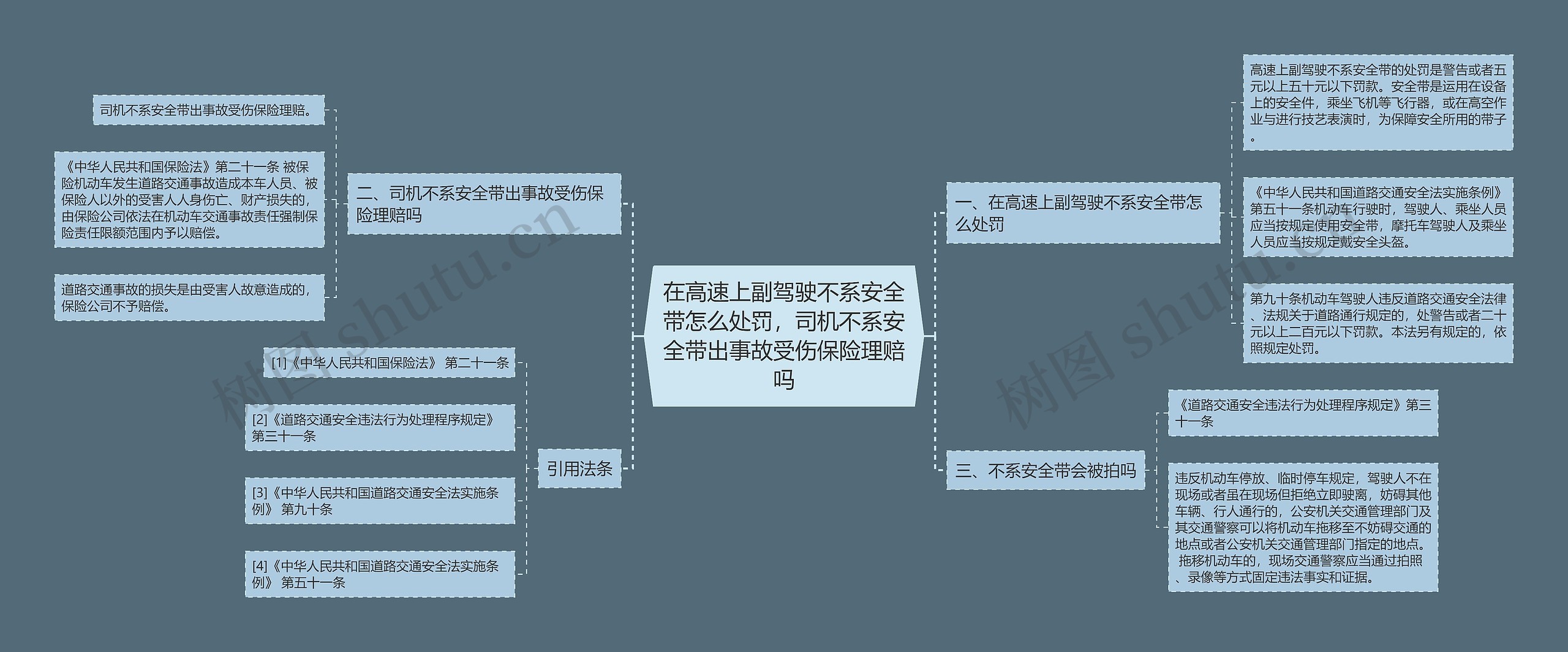 在高速上副驾驶不系安全带怎么处罚，司机不系安全带出事故受伤保险理赔吗思维导图