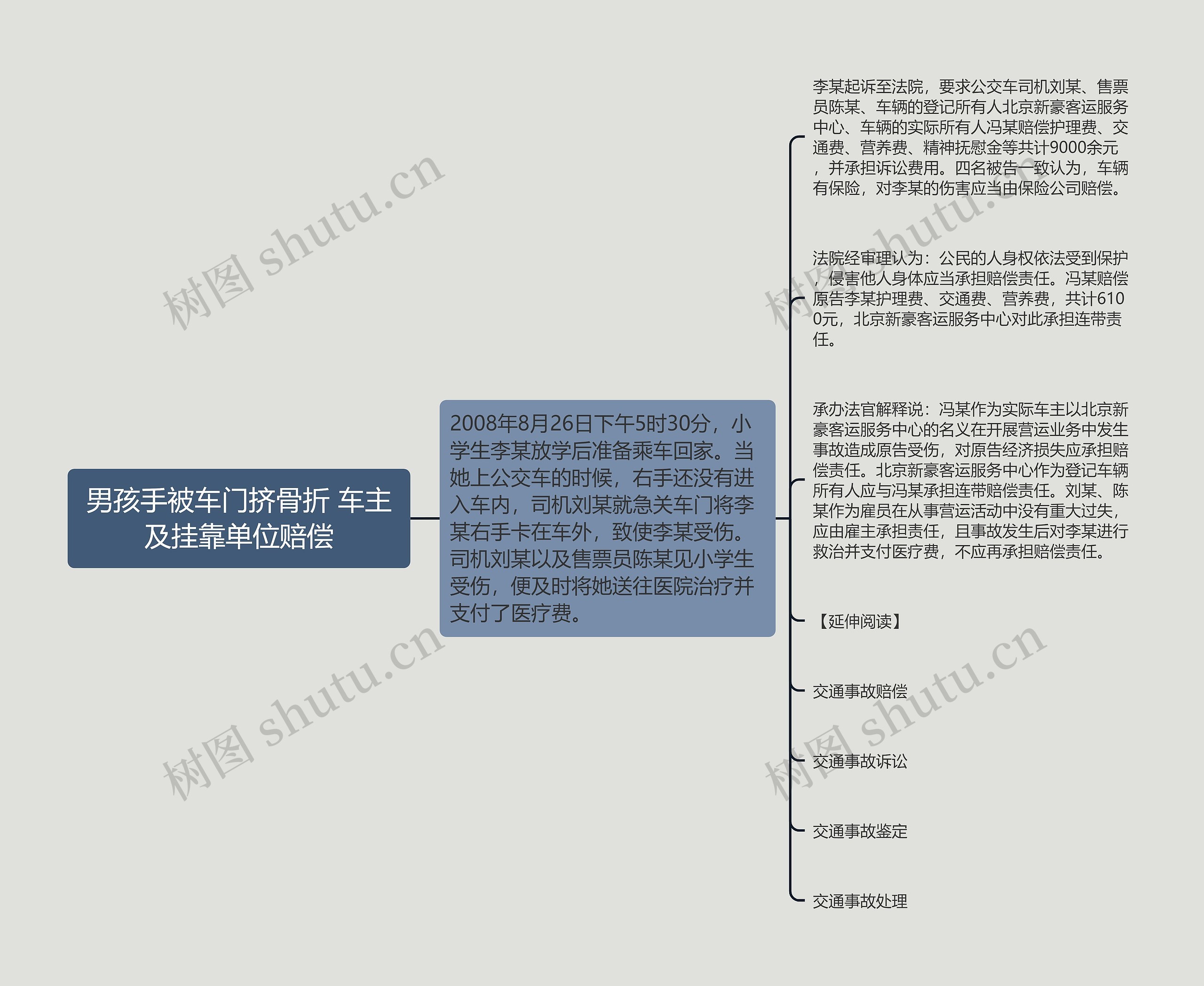 男孩手被车门挤骨折 车主及挂靠单位赔偿思维导图