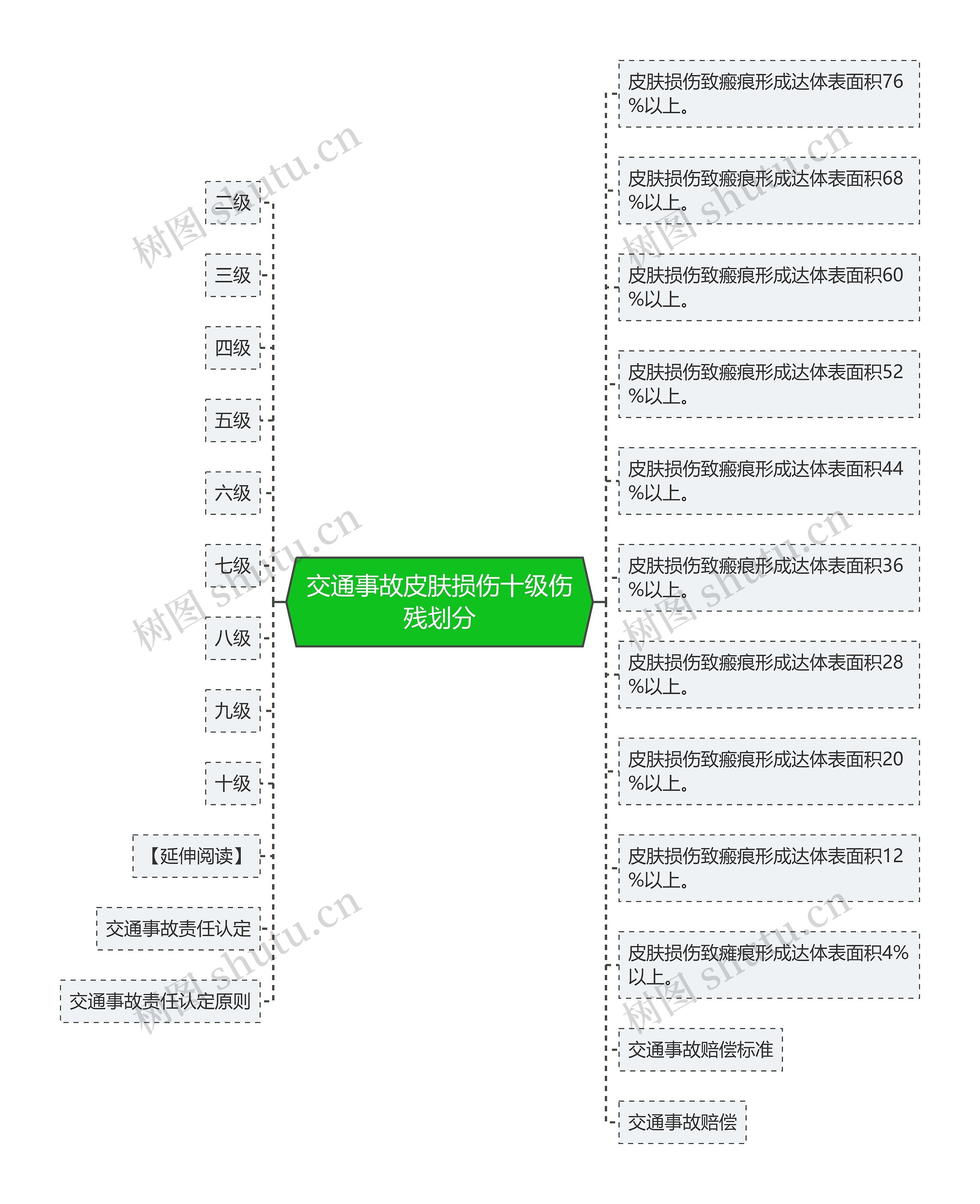 交通事故皮肤损伤十级伤残划分思维导图