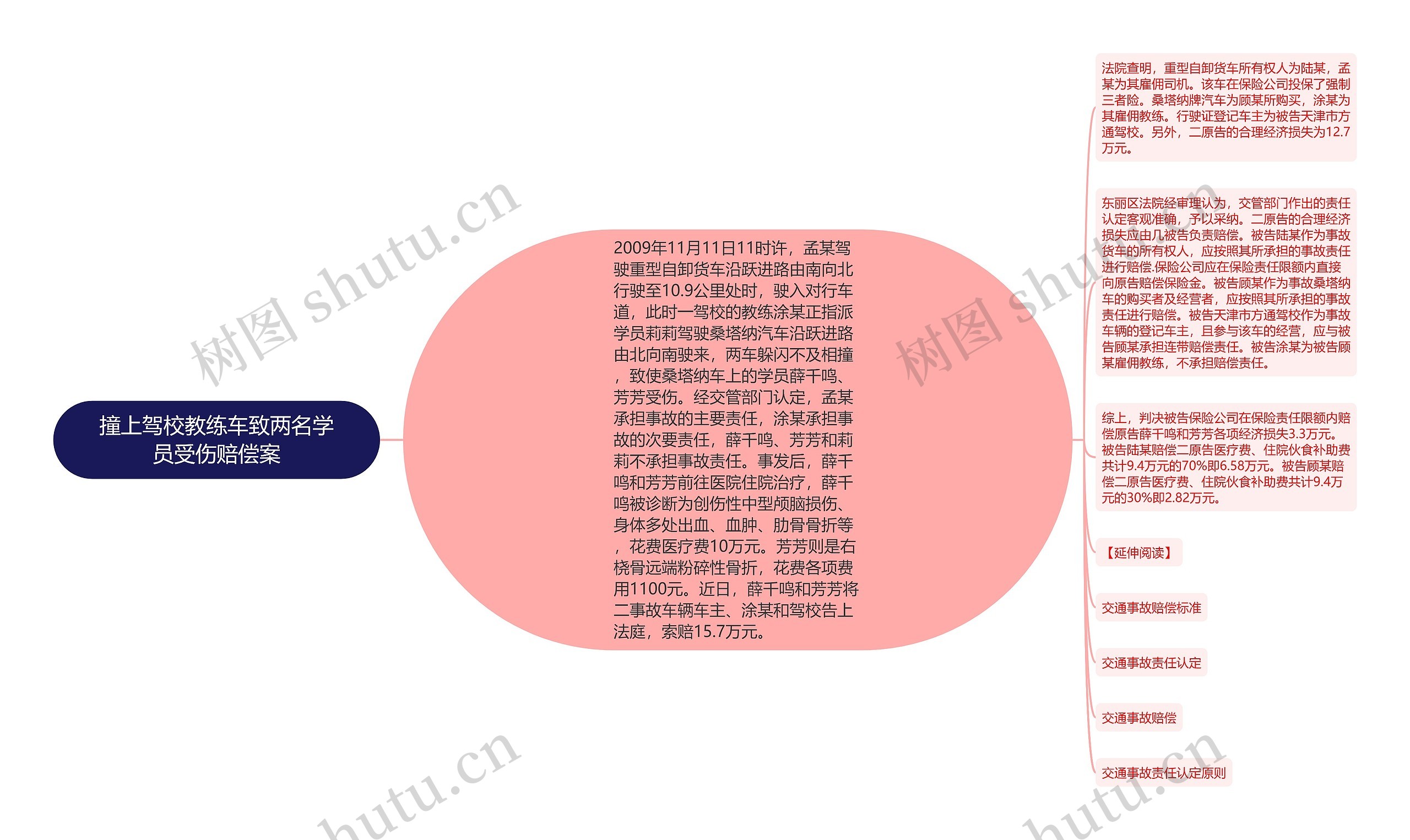 撞上驾校教练车致两名学员受伤赔偿案思维导图