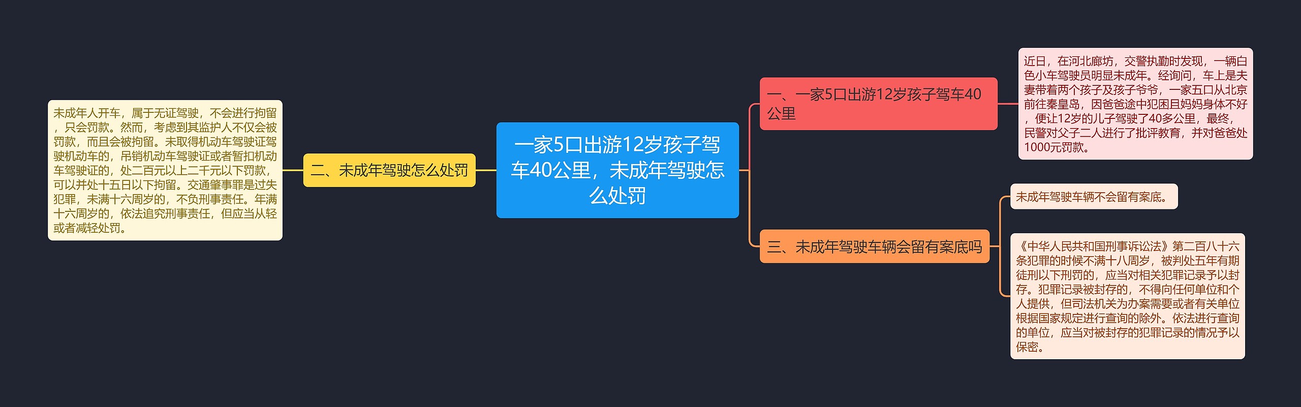 一家5口出游12岁孩子驾车40公里，未成年驾驶怎么处罚思维导图