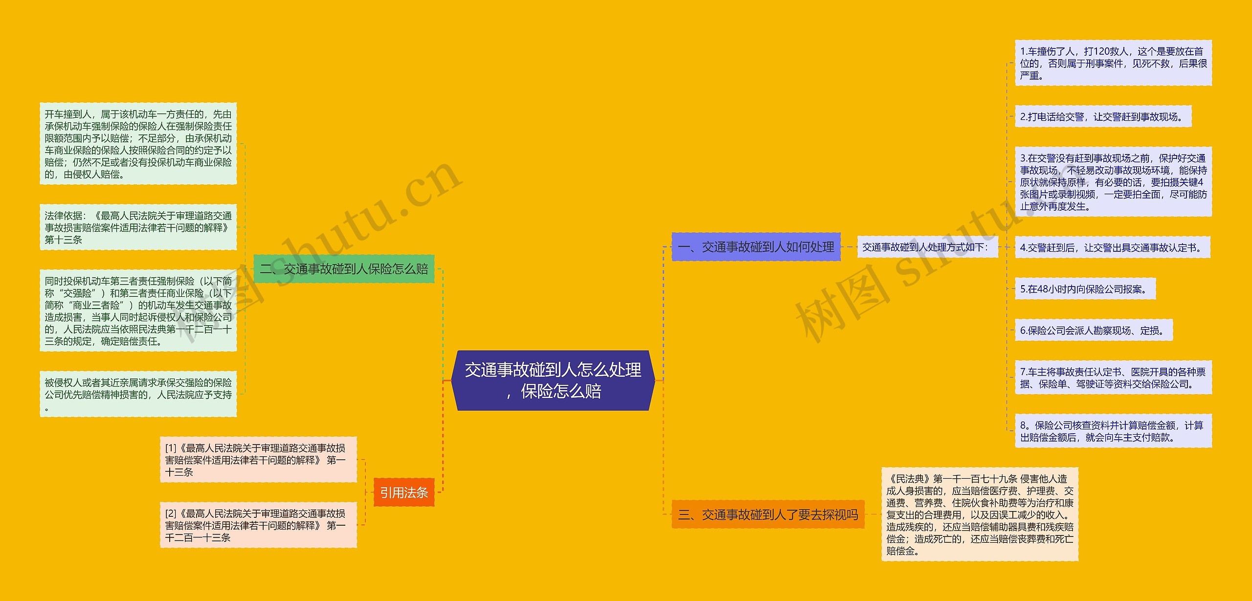 交通事故碰到人怎么处理，保险怎么赔思维导图