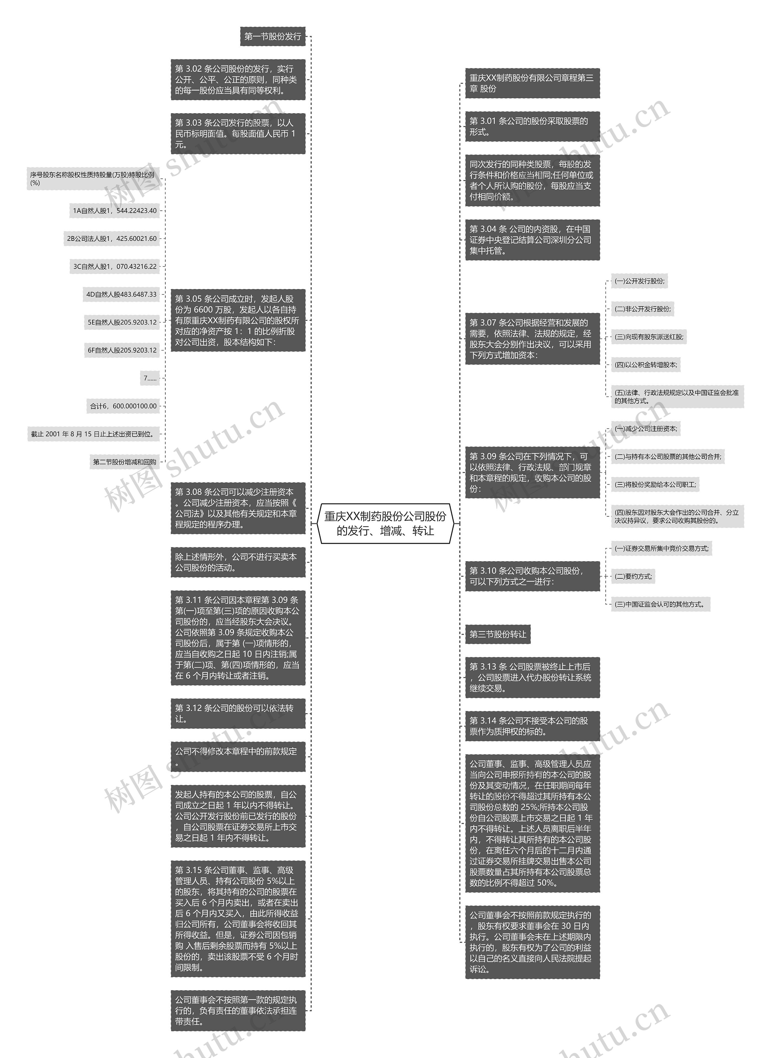 重庆XX制药股份公司股份的发行、增减、转让思维导图