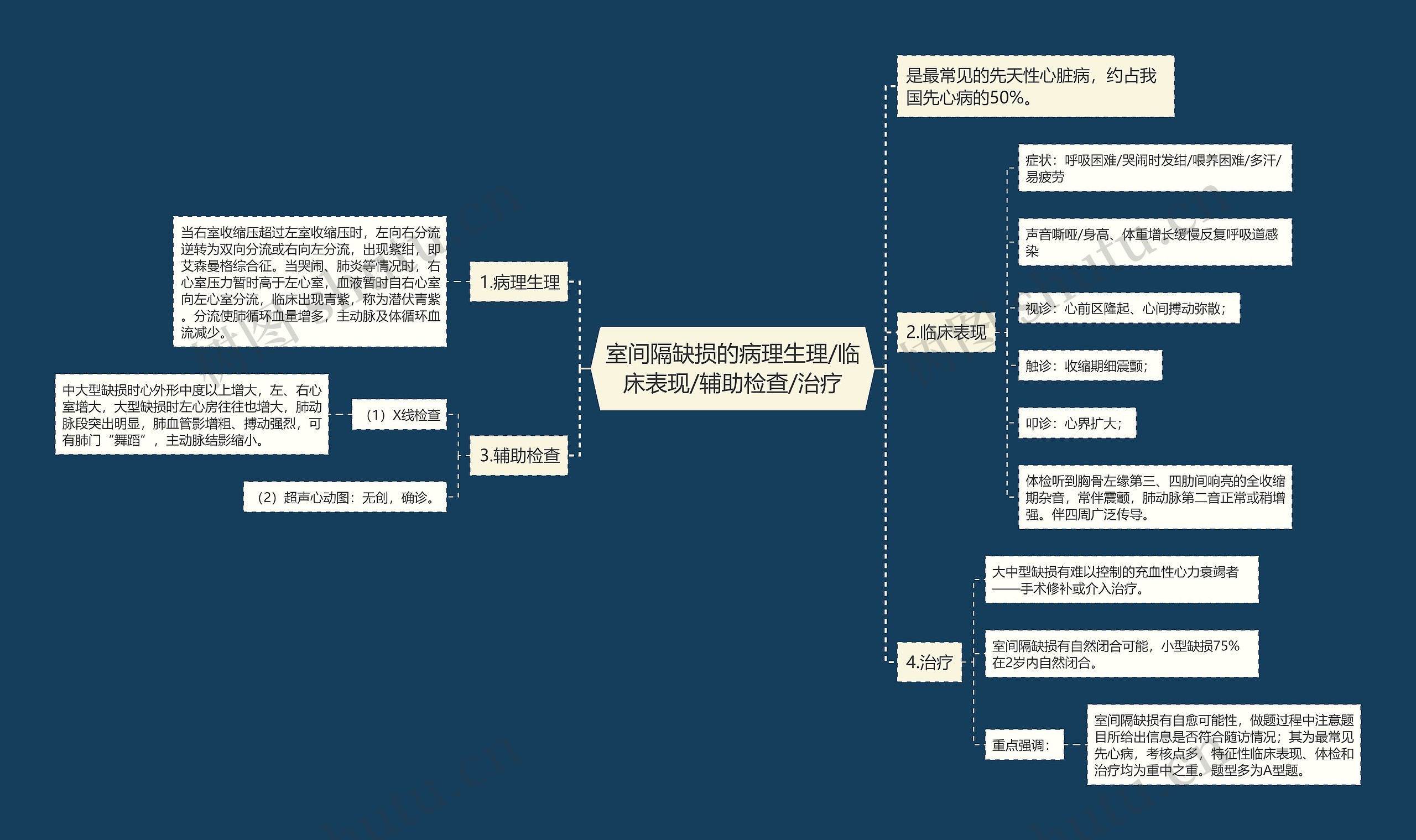 室间隔缺损的病理生理/临床表现/辅助检查/治疗思维导图