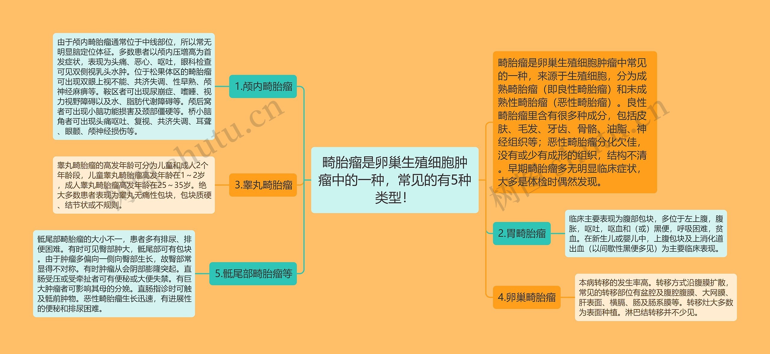畸胎瘤是卵巢生殖细胞肿瘤中的一种,常见的有5种类型! 畸胎瘤是卵巢生殖细胞肿瘤中的一种,常见的有5种类型!