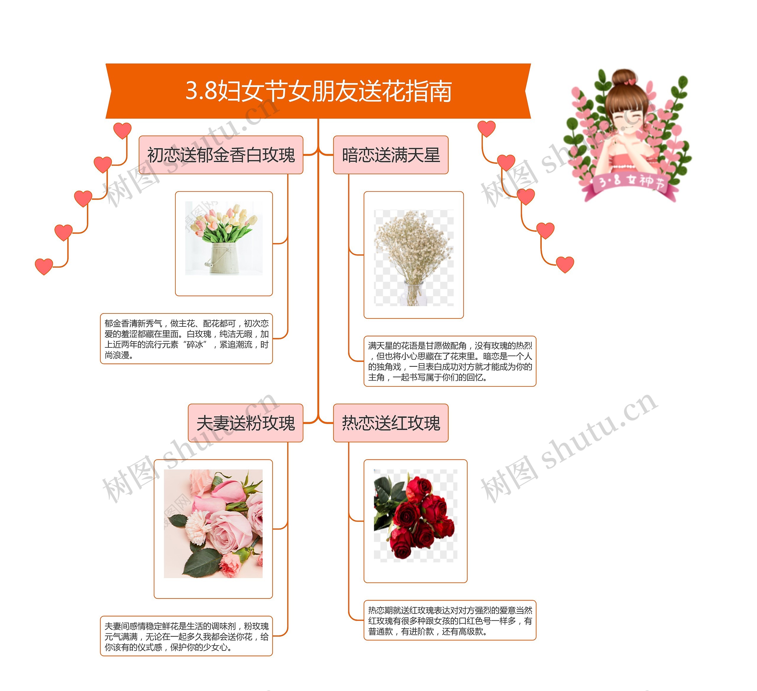 3.8妇女节女朋友送花指南思维导图