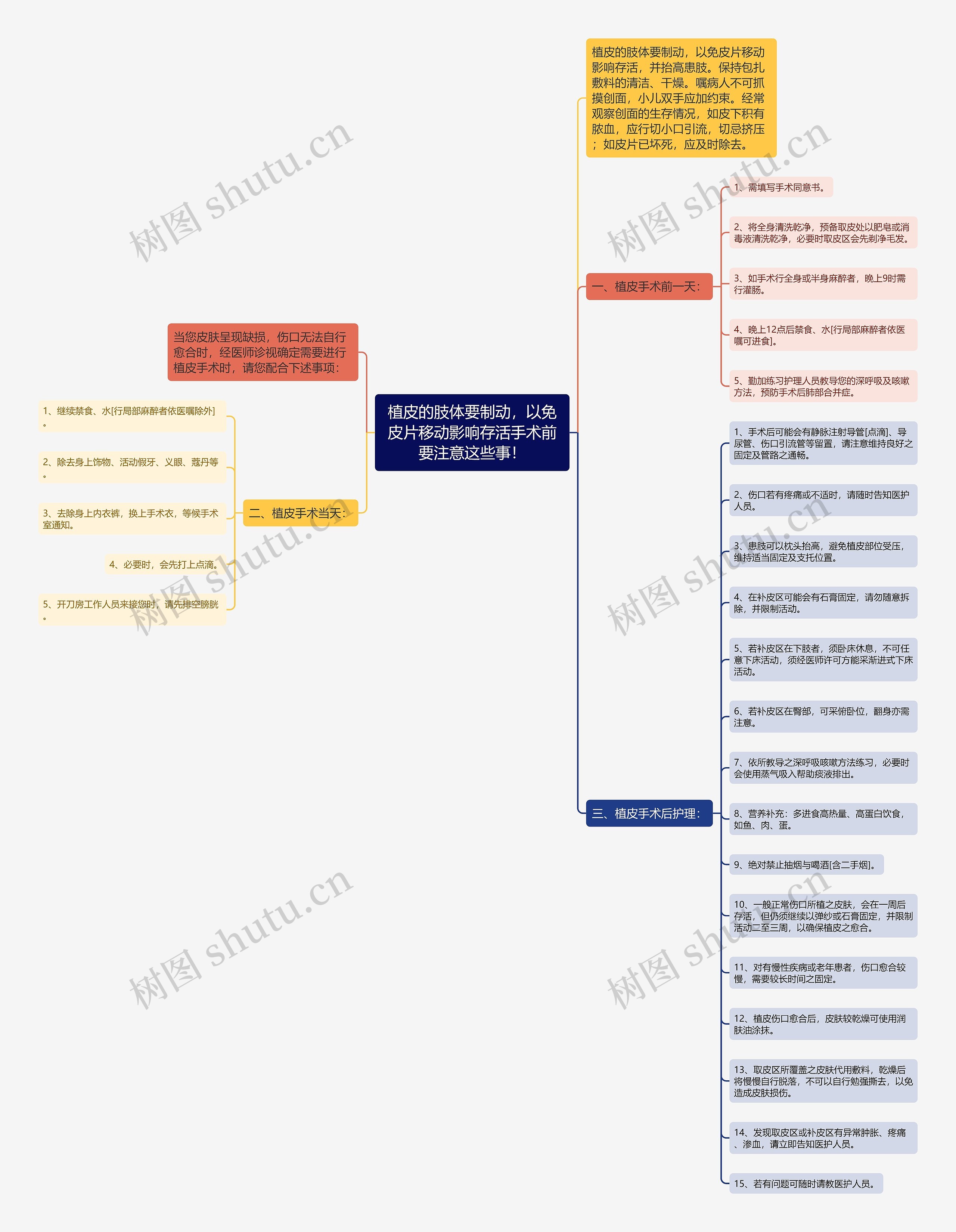 植皮的肢体要制动，以免皮片移动影响存活手术前要注意这些事！思维导图
