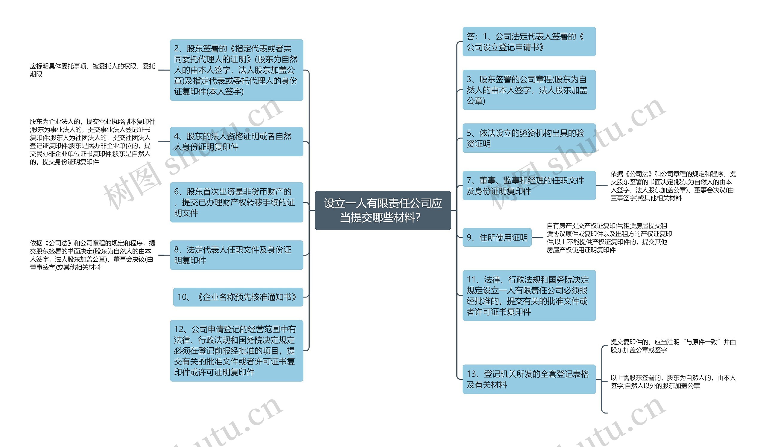 设立一人有限责任公司应当提交哪些材料？思维导图