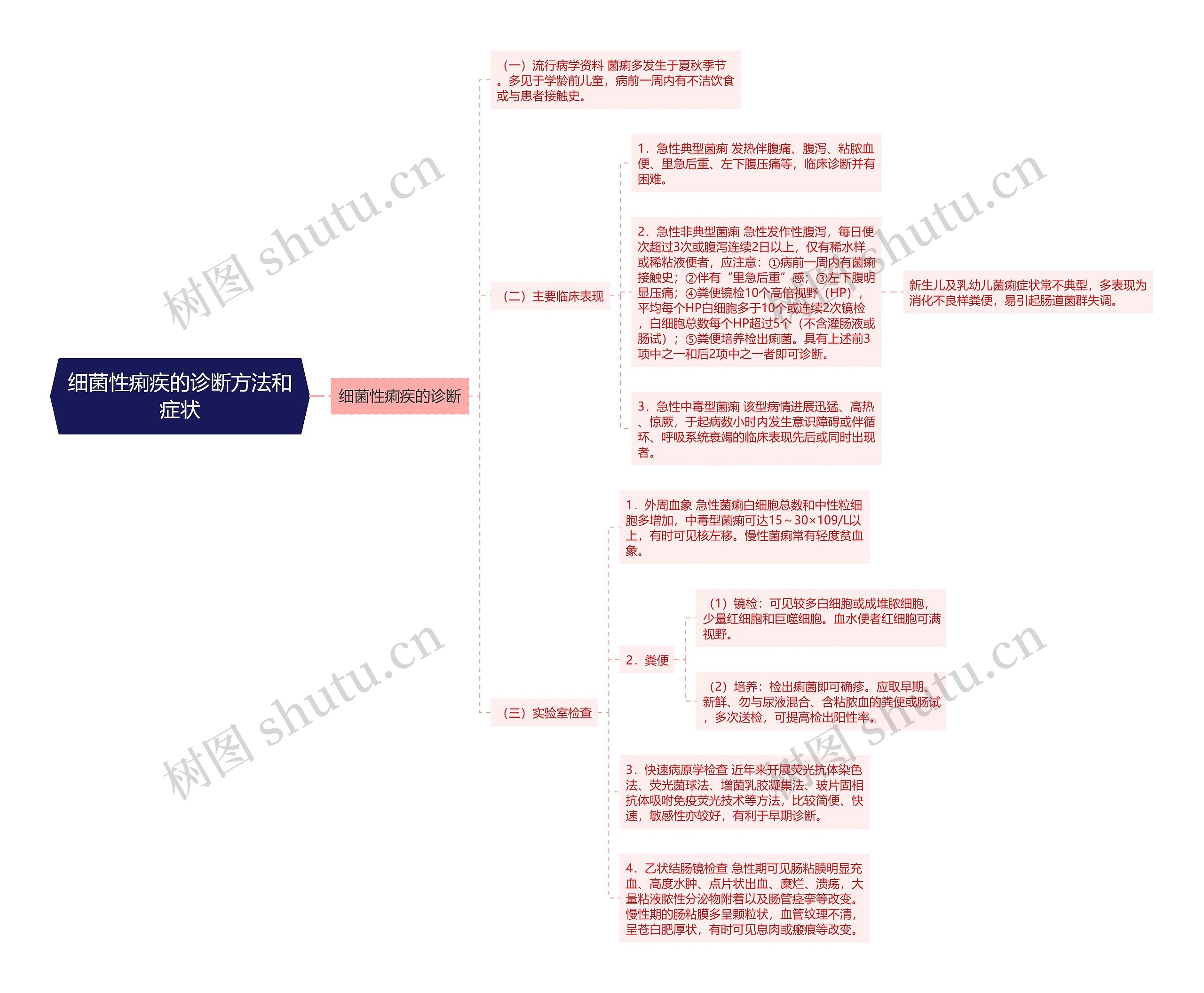 细菌性痢疾的诊断方法和症状思维导图