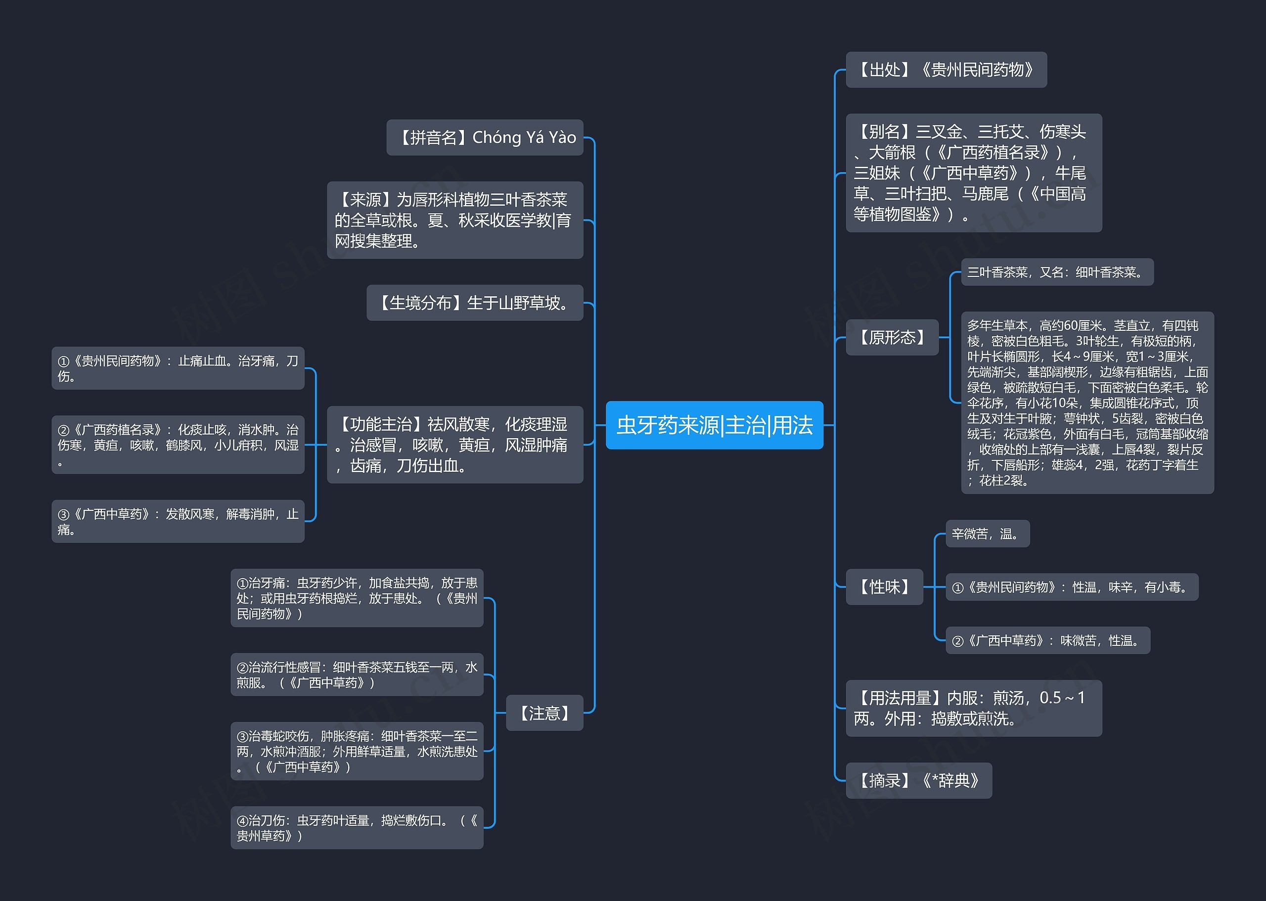 虫牙药来源|主治|用法思维导图