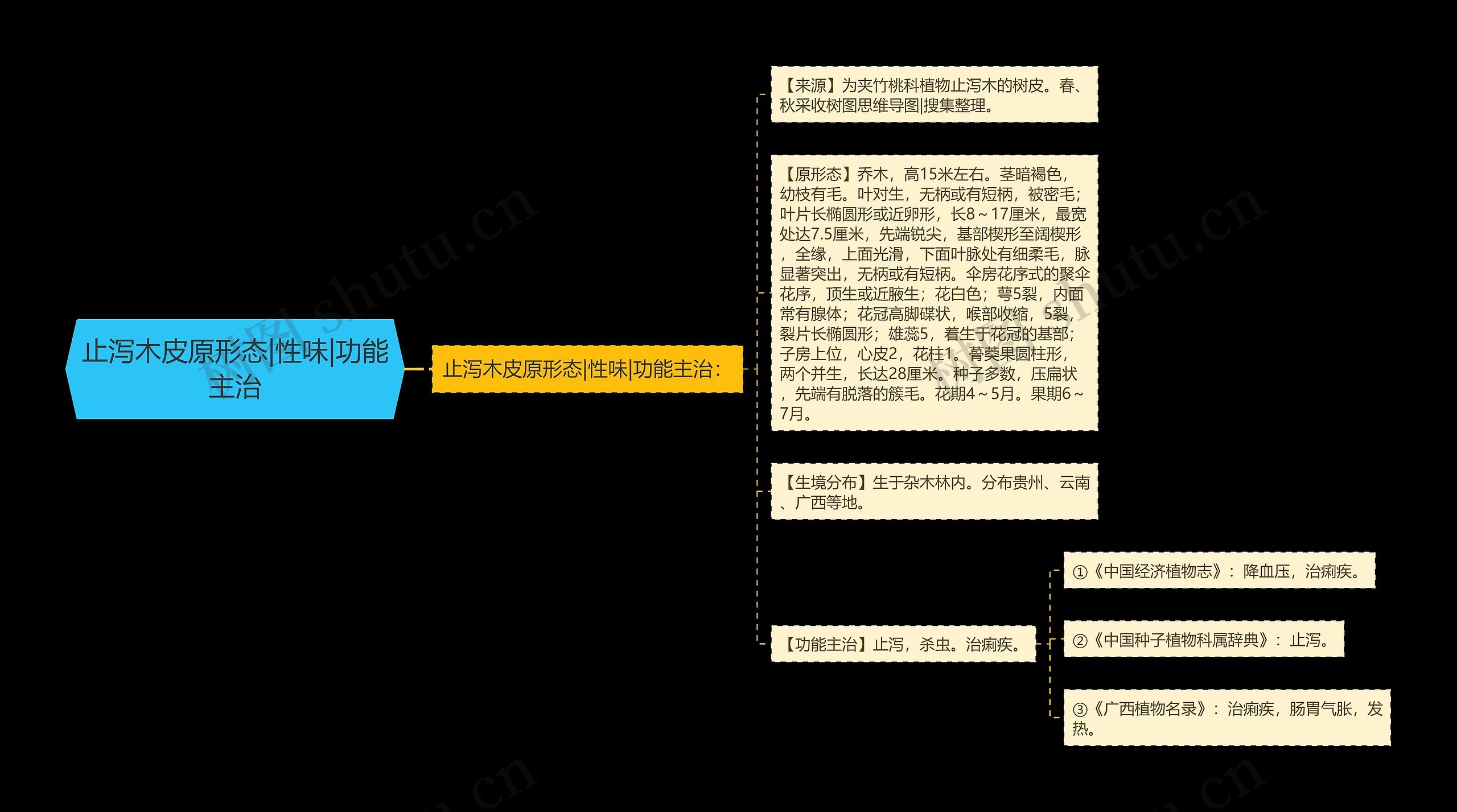 止泻木皮原形态|性味|功能主治思维导图