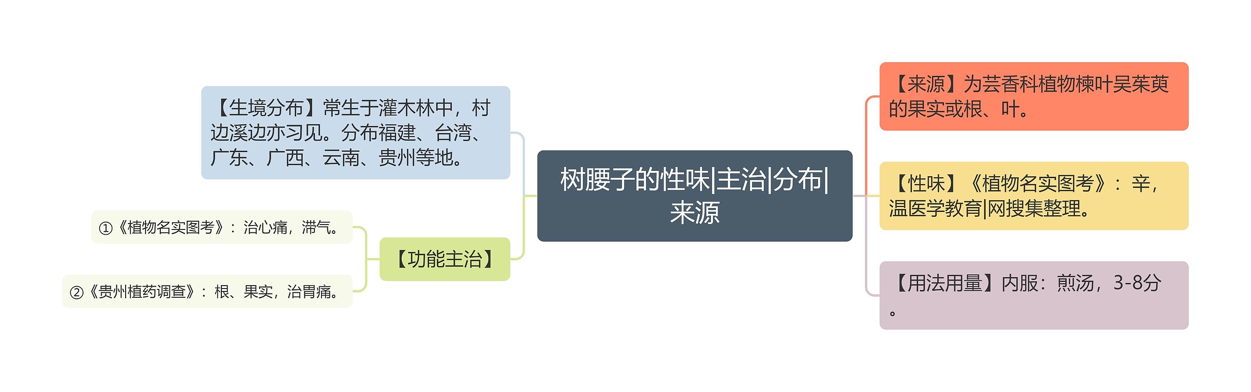 树腰子的性味|主治|分布|来源思维导图