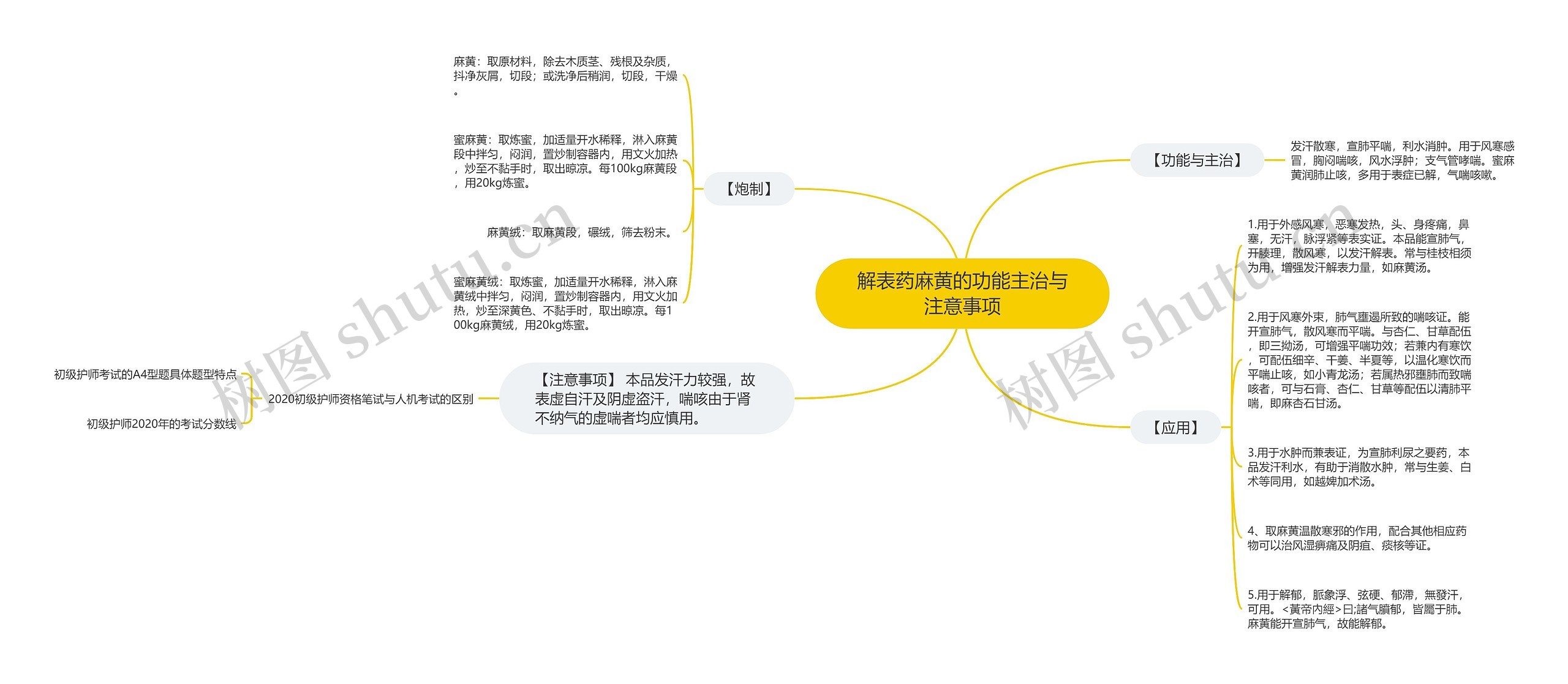 解表药麻黄的功能主治与注意事项思维导图