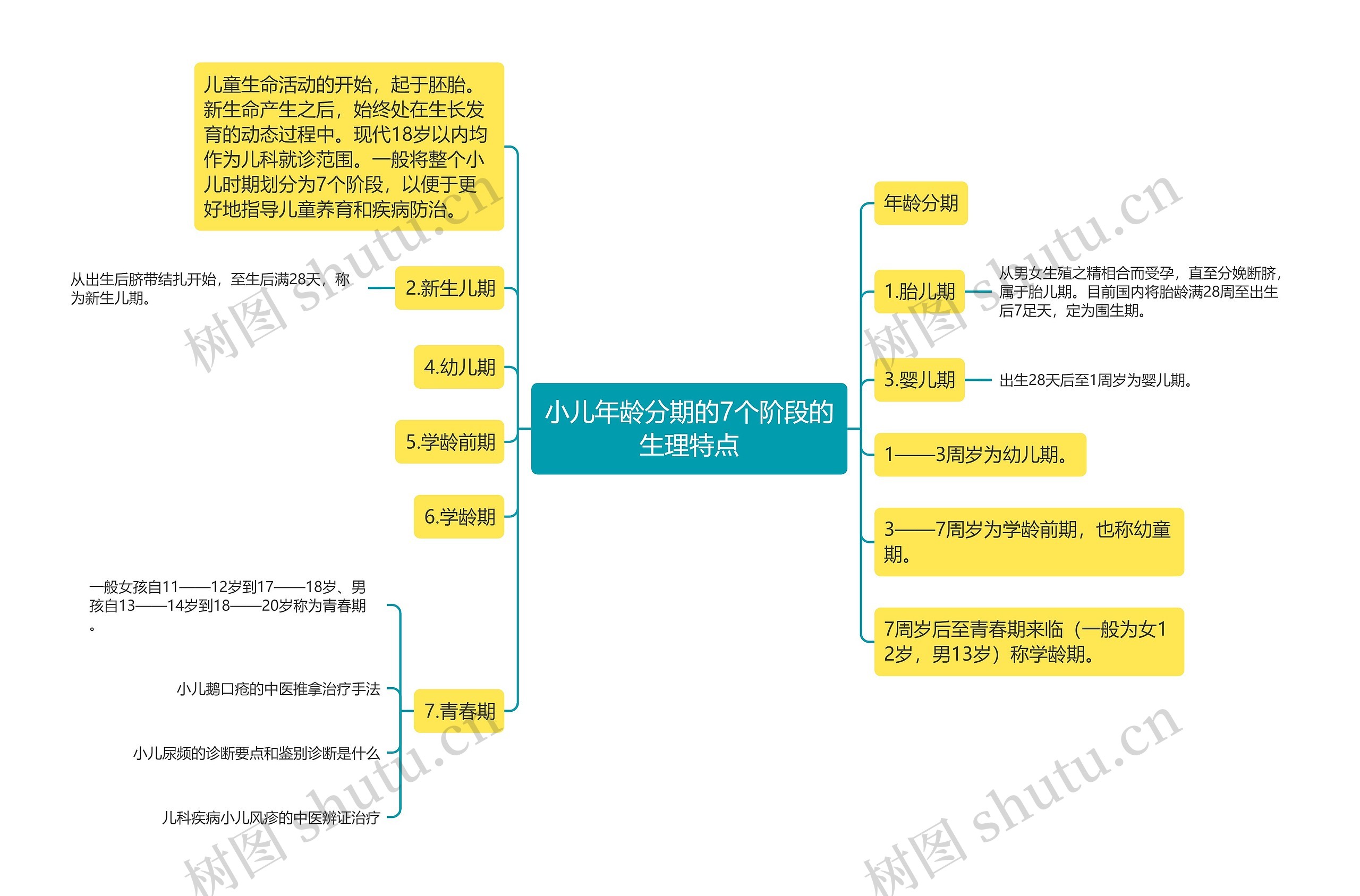 小儿年龄分期的7个阶段的生理特点思维导图