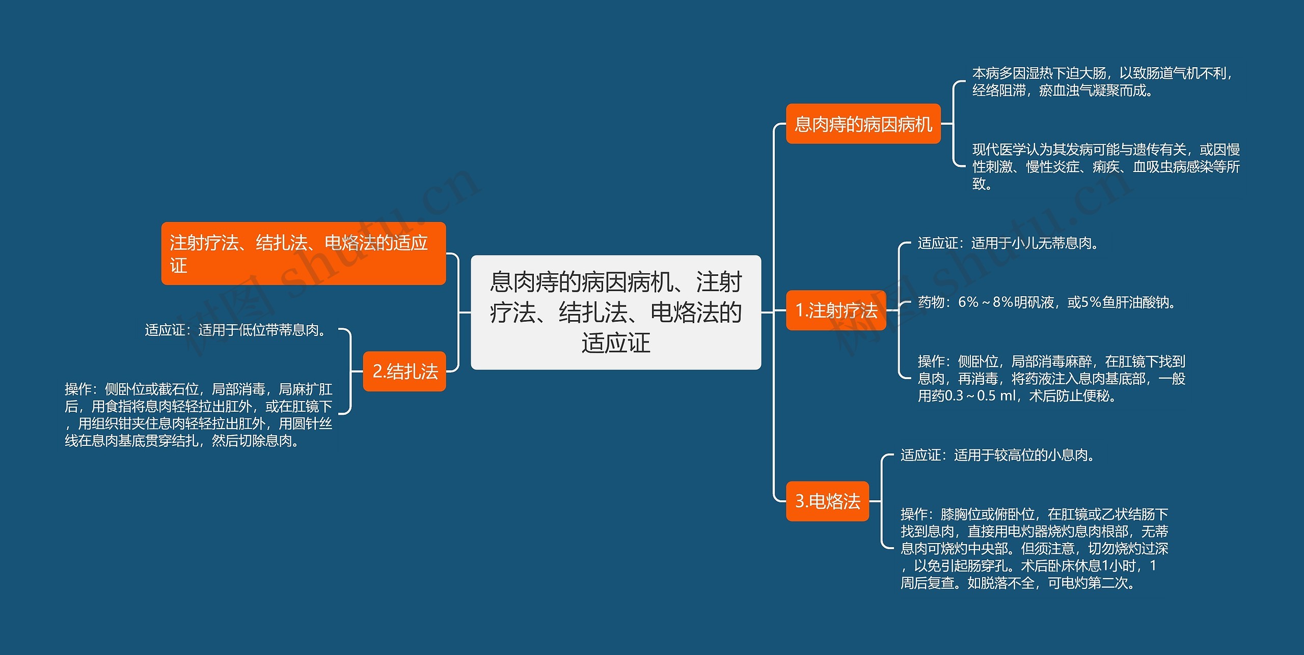 息肉痔的病因病机、注射疗法、结扎法、电烙法的适应证思维导图