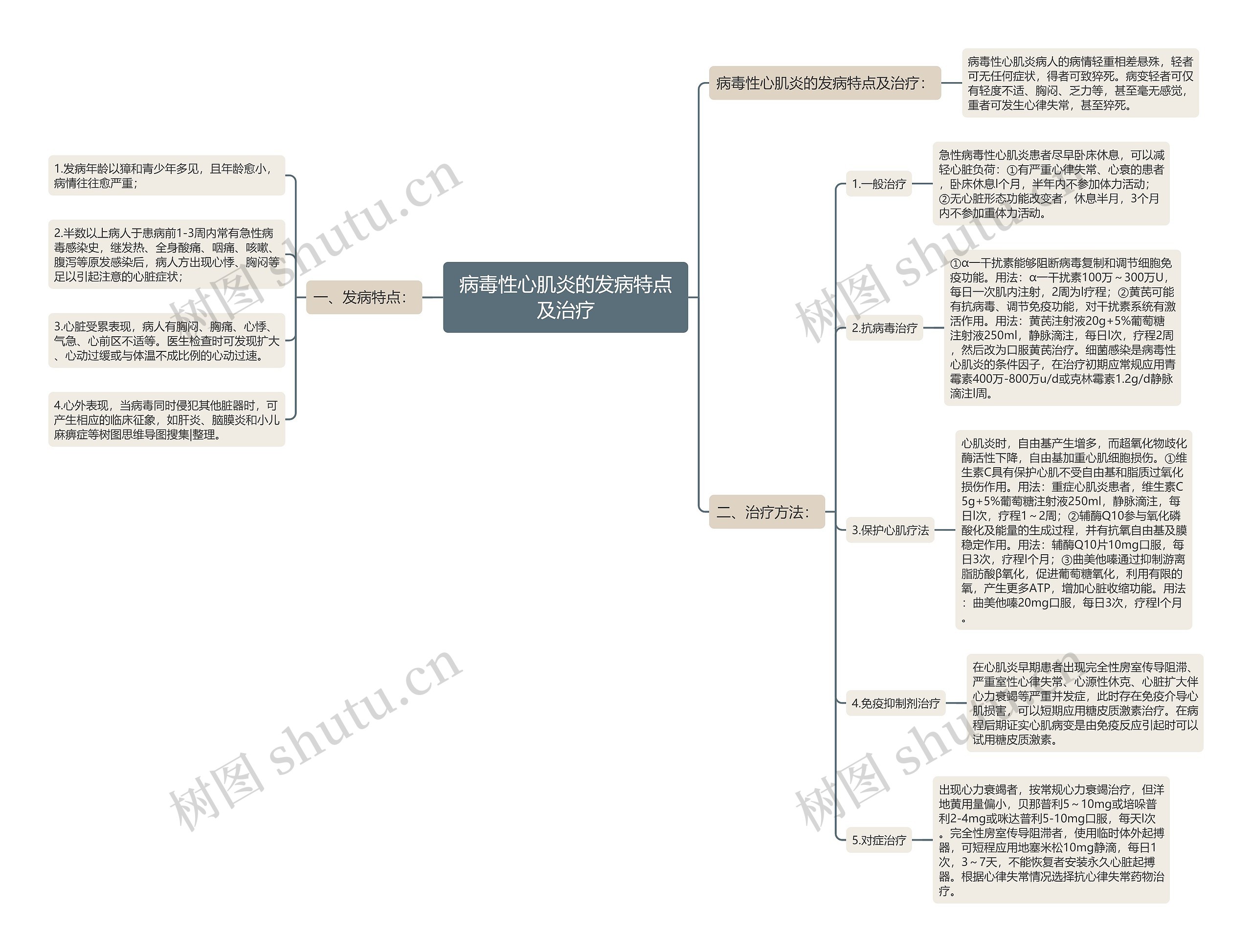 病毒性心肌炎的发病特点及治疗思维导图高清图 病毒性心肌炎的发病特点及治疗思维导图