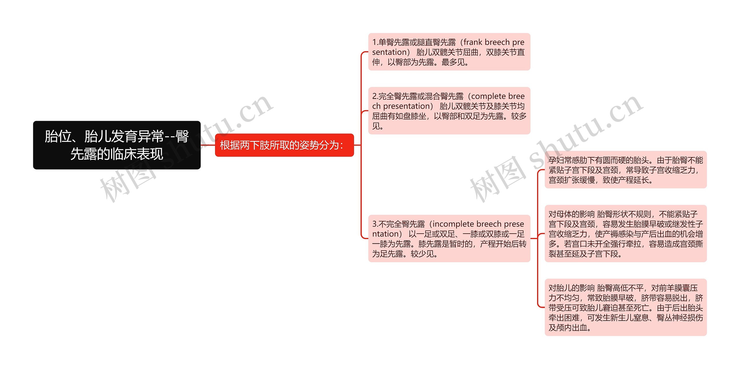 胎位、胎儿发育异常--臀先露的临床表现思维导图