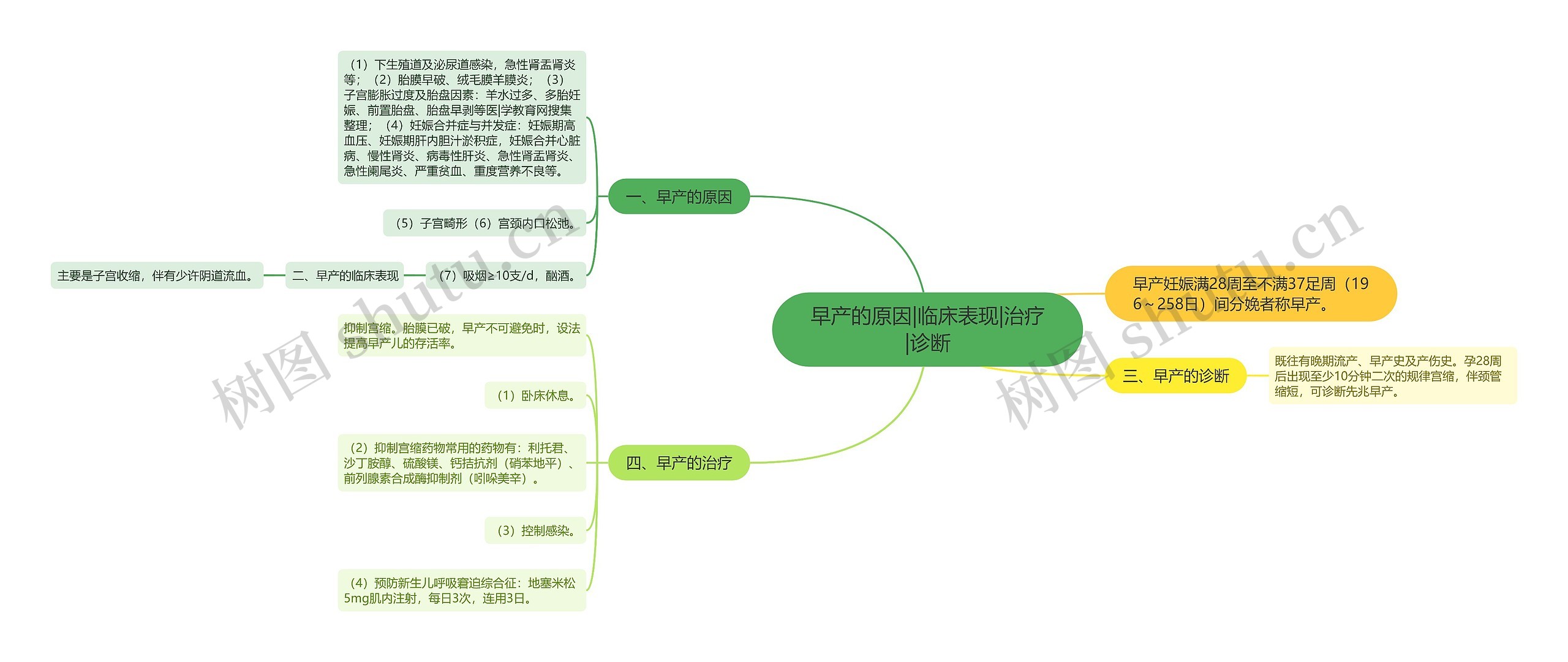 早产的原因|临床表现|治疗|诊断思维导图