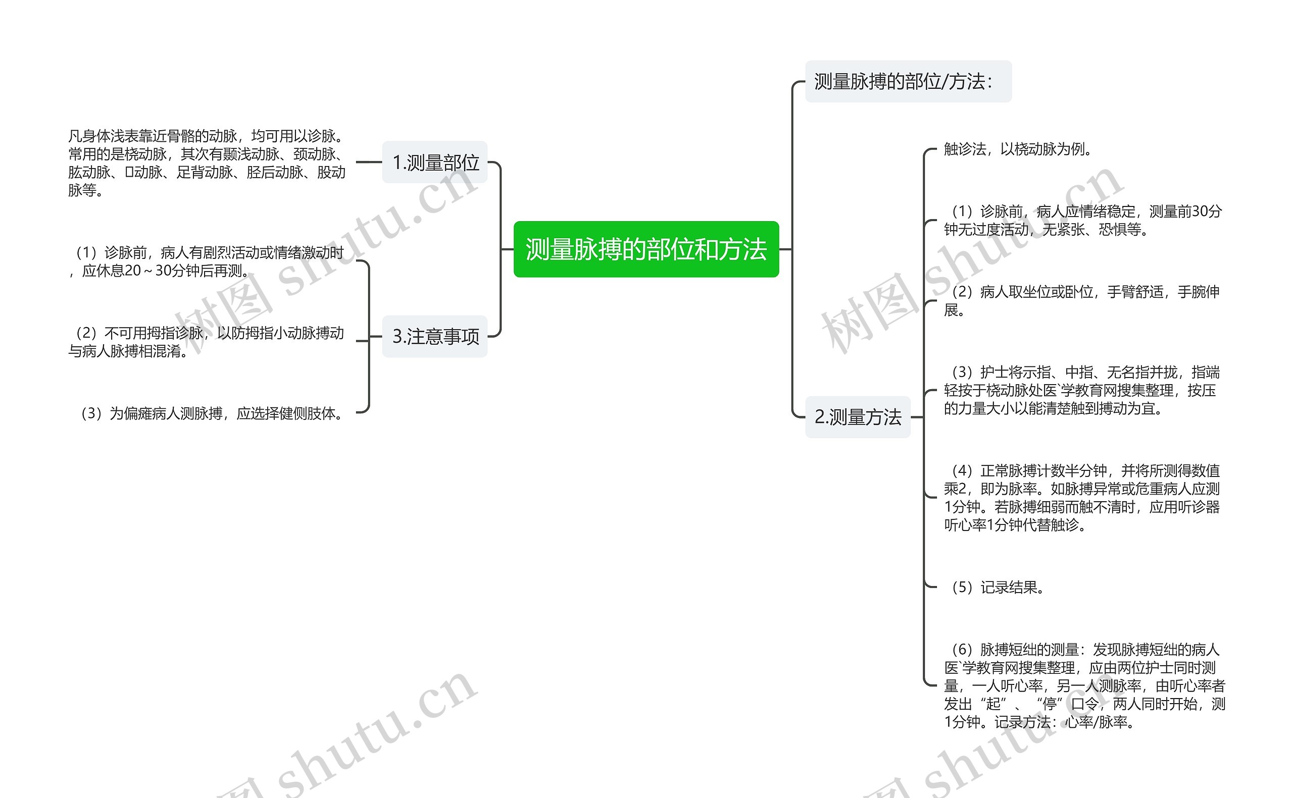 测量脉搏的部位和方法思维导图