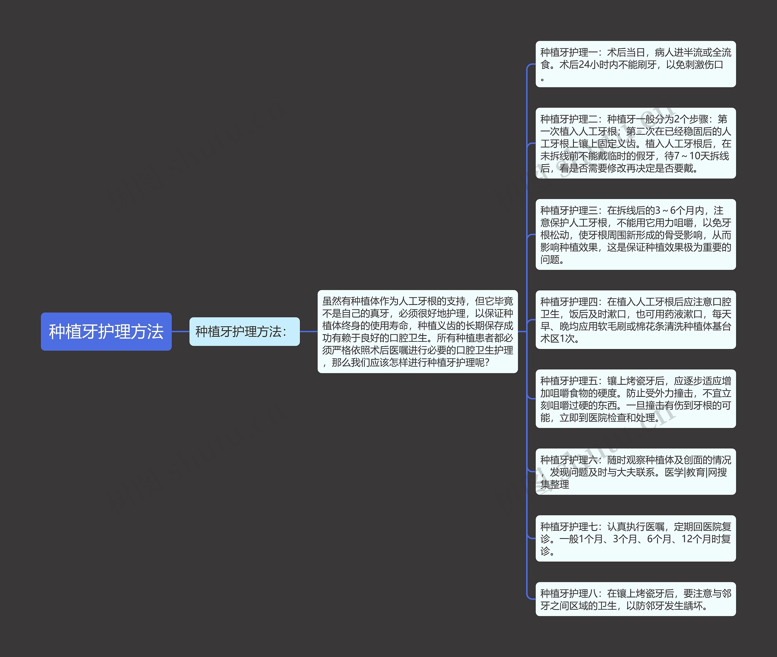 种植牙护理方法思维导图