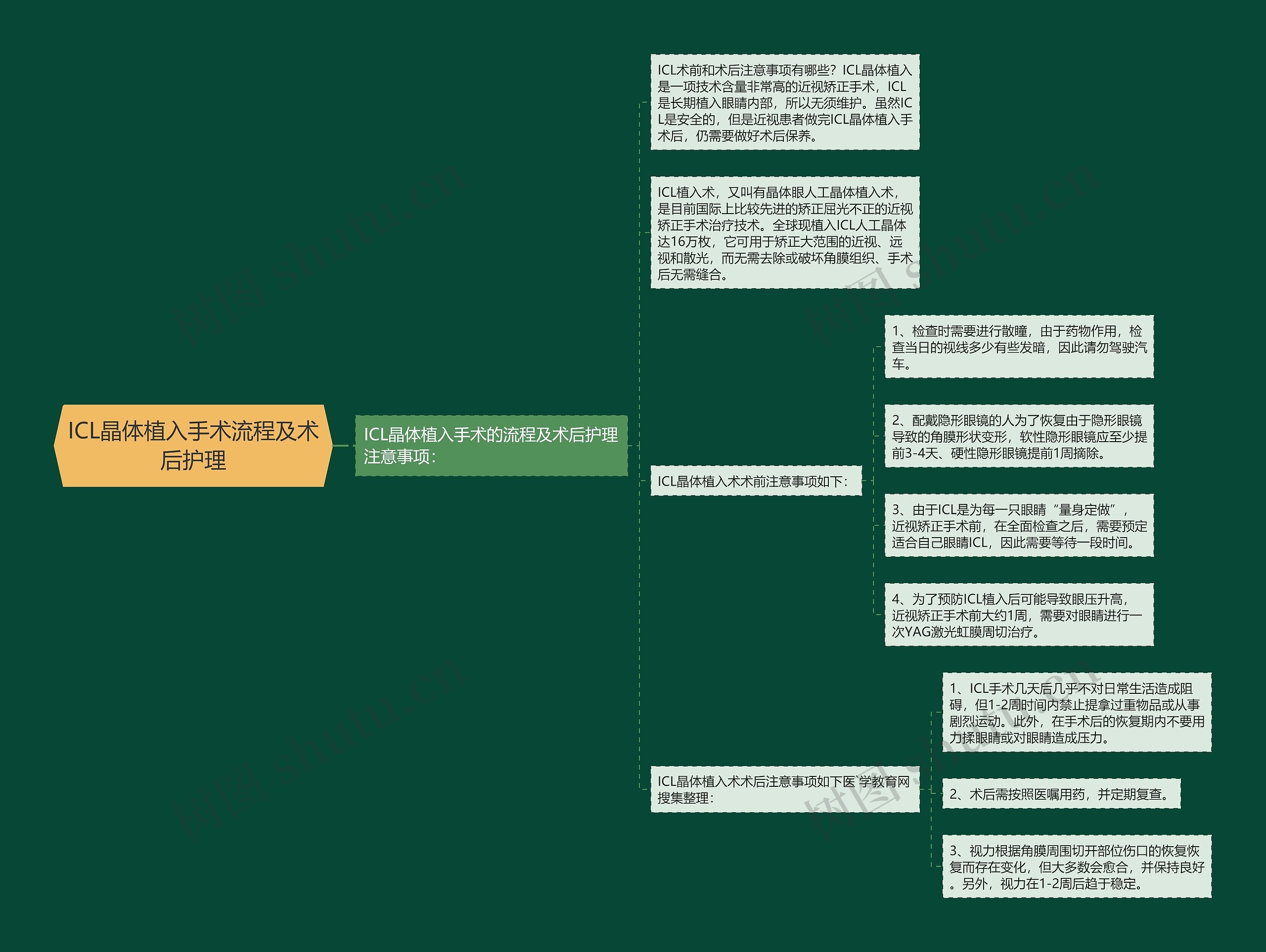 ICL晶体植入手术流程及术后护理思维导图