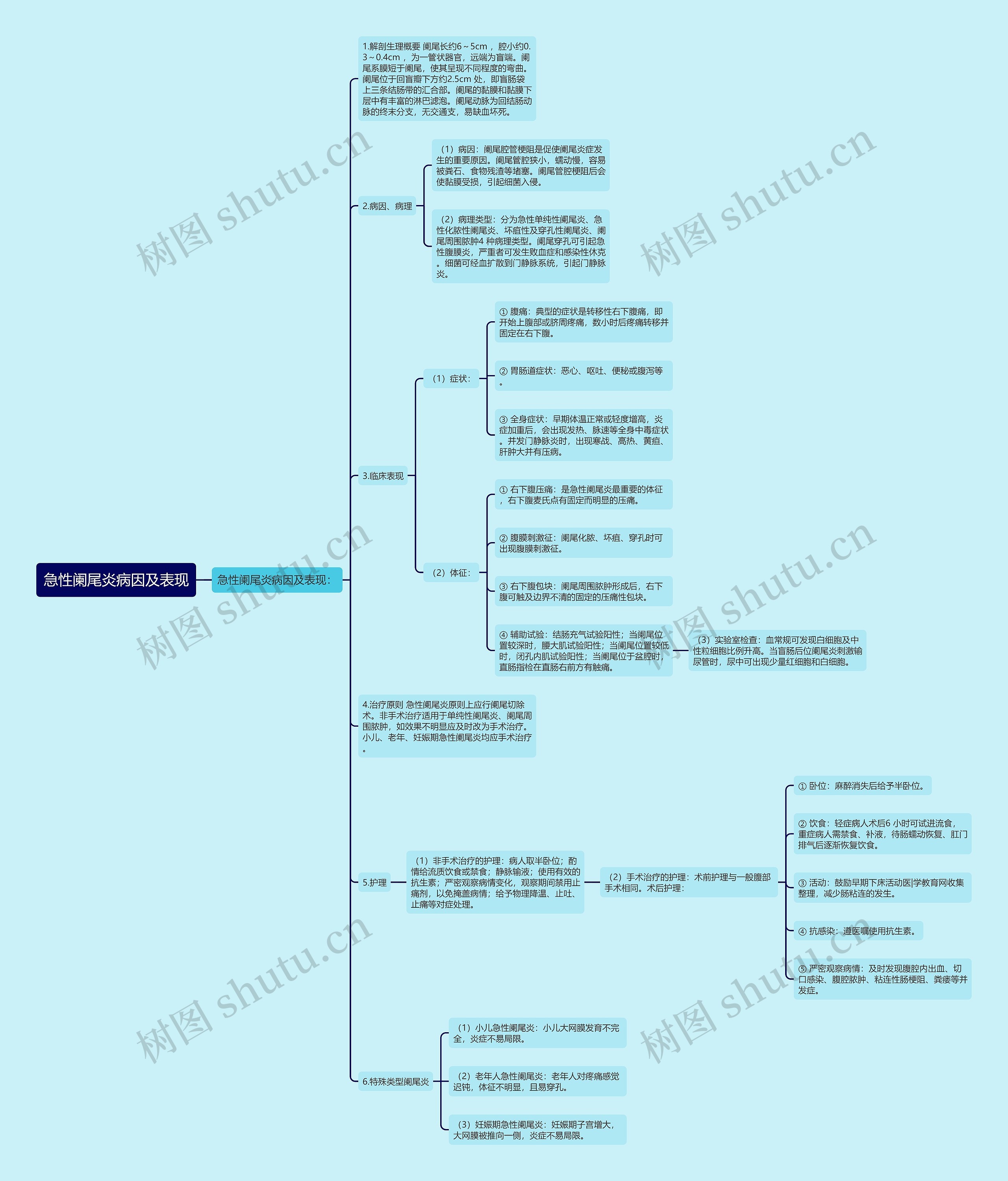 急性阑尾炎病因及表现思维导图