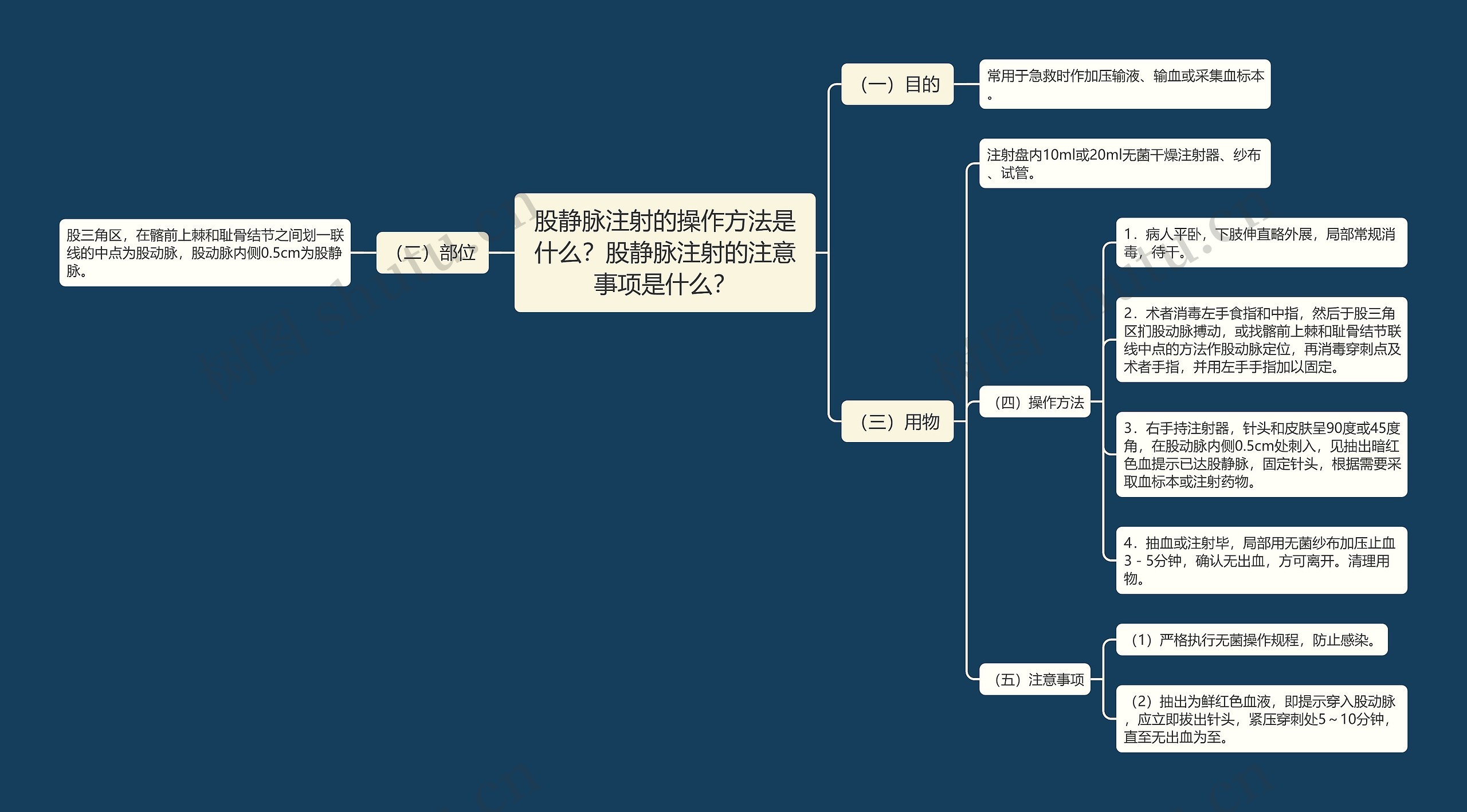 股静脉注射的操作方法是什么？股静脉注射的注意事项是什么？思维导图