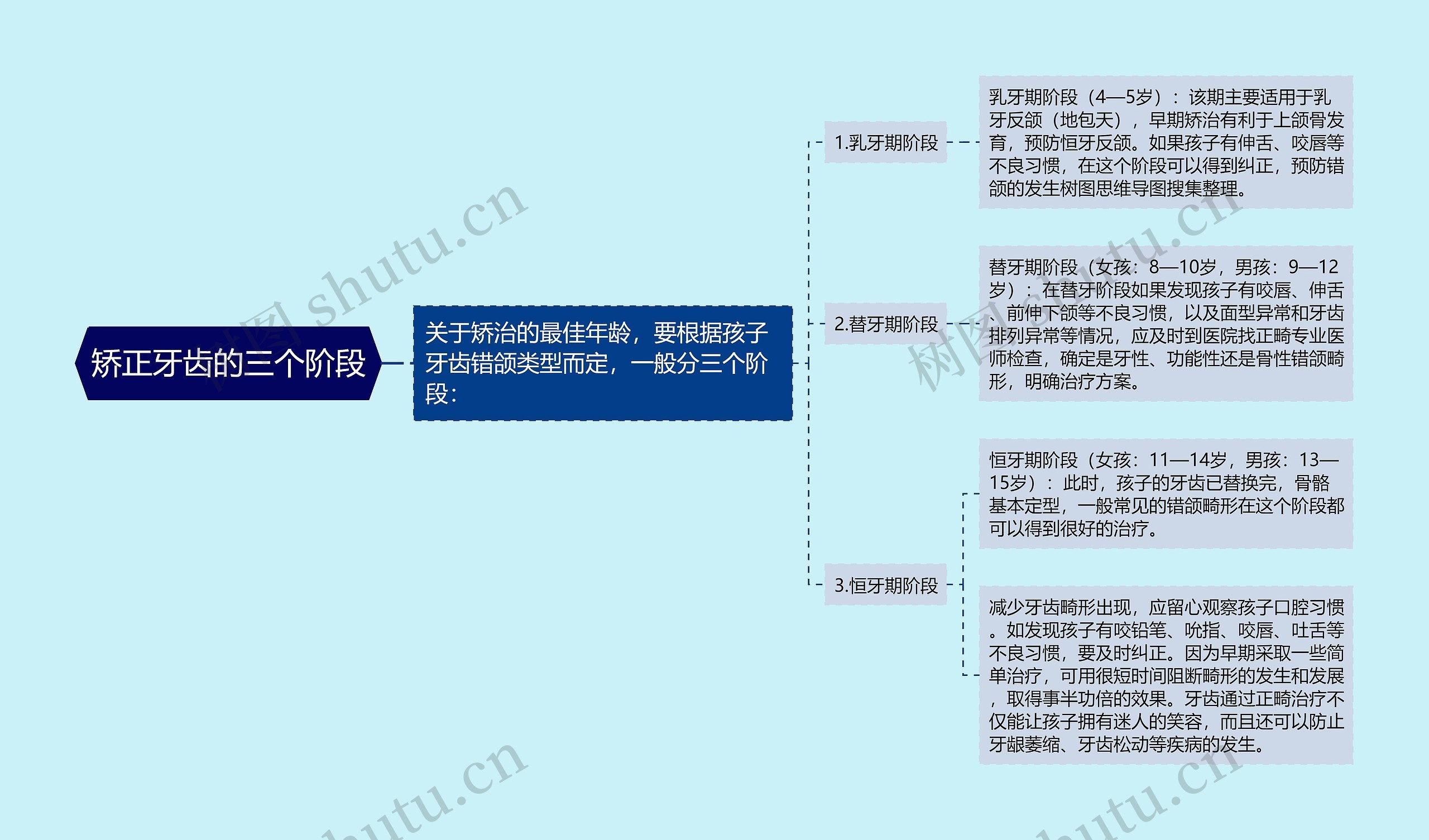 矫正牙齿的三个阶段思维导图