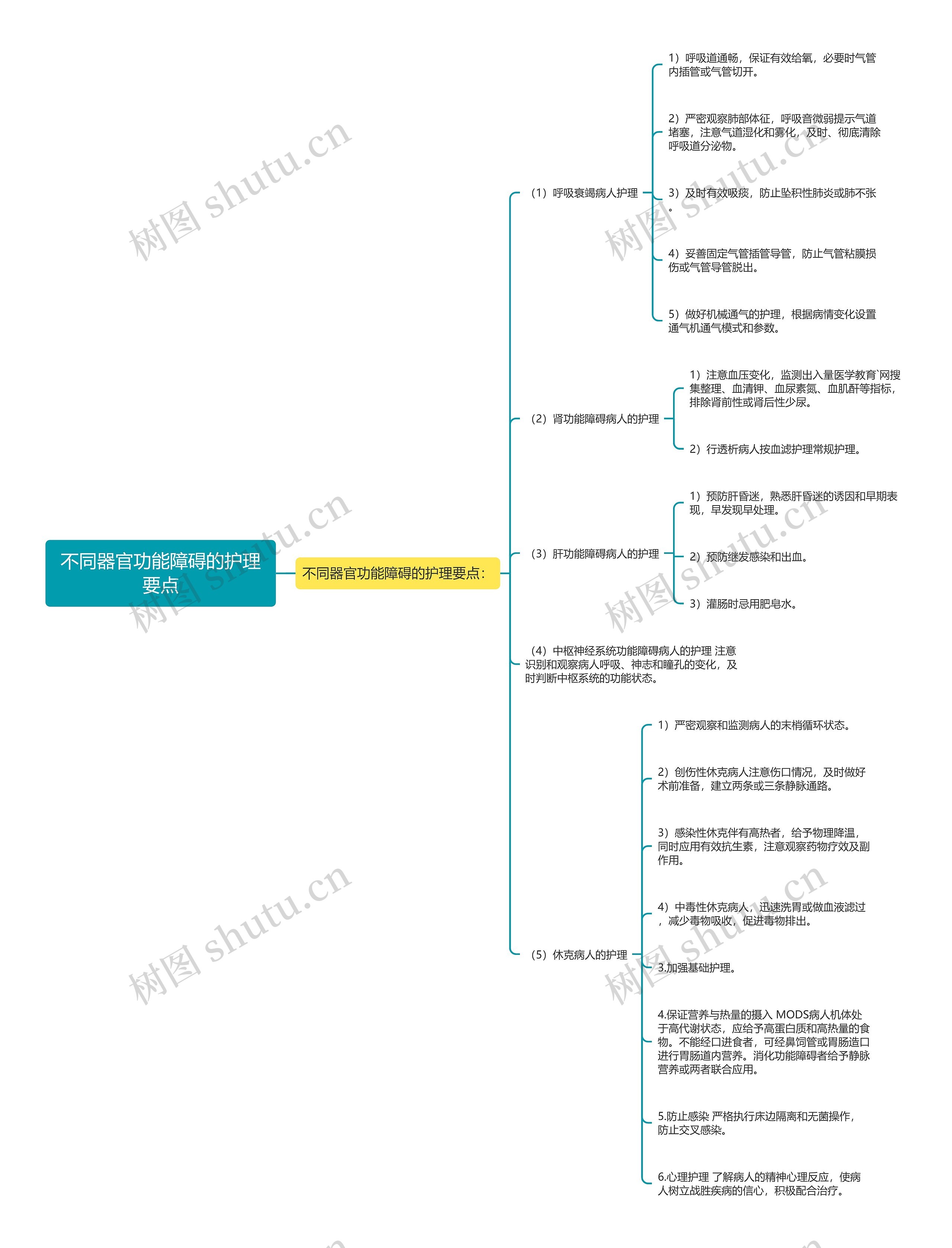 不同器官功能障碍的护理要点思维导图