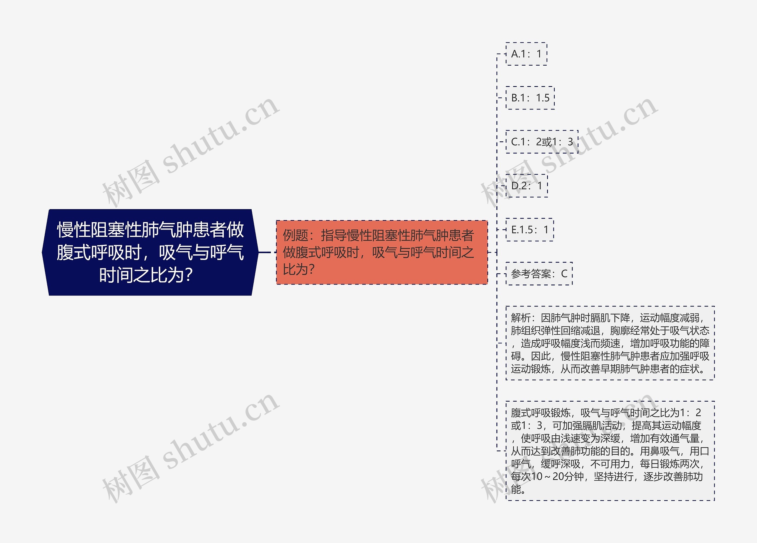 慢性阻塞性肺气肿患者做腹式呼吸时，吸气与呼气时间之比为？思维导图